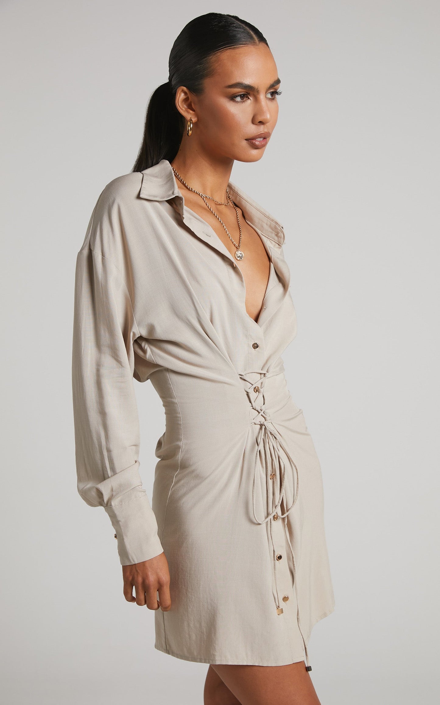 Novabella Mini Dress - Lace Up Button Through Shirt Dress in Natural