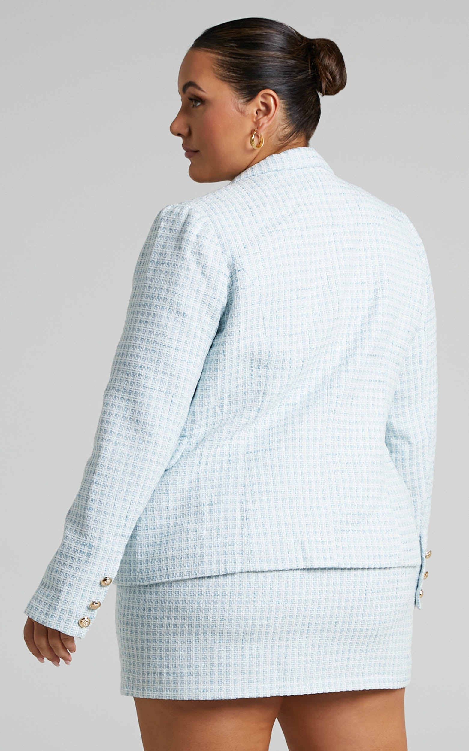 Prescy Blazer - Double Boucle Breasted Tweed Blazer in Light Blue