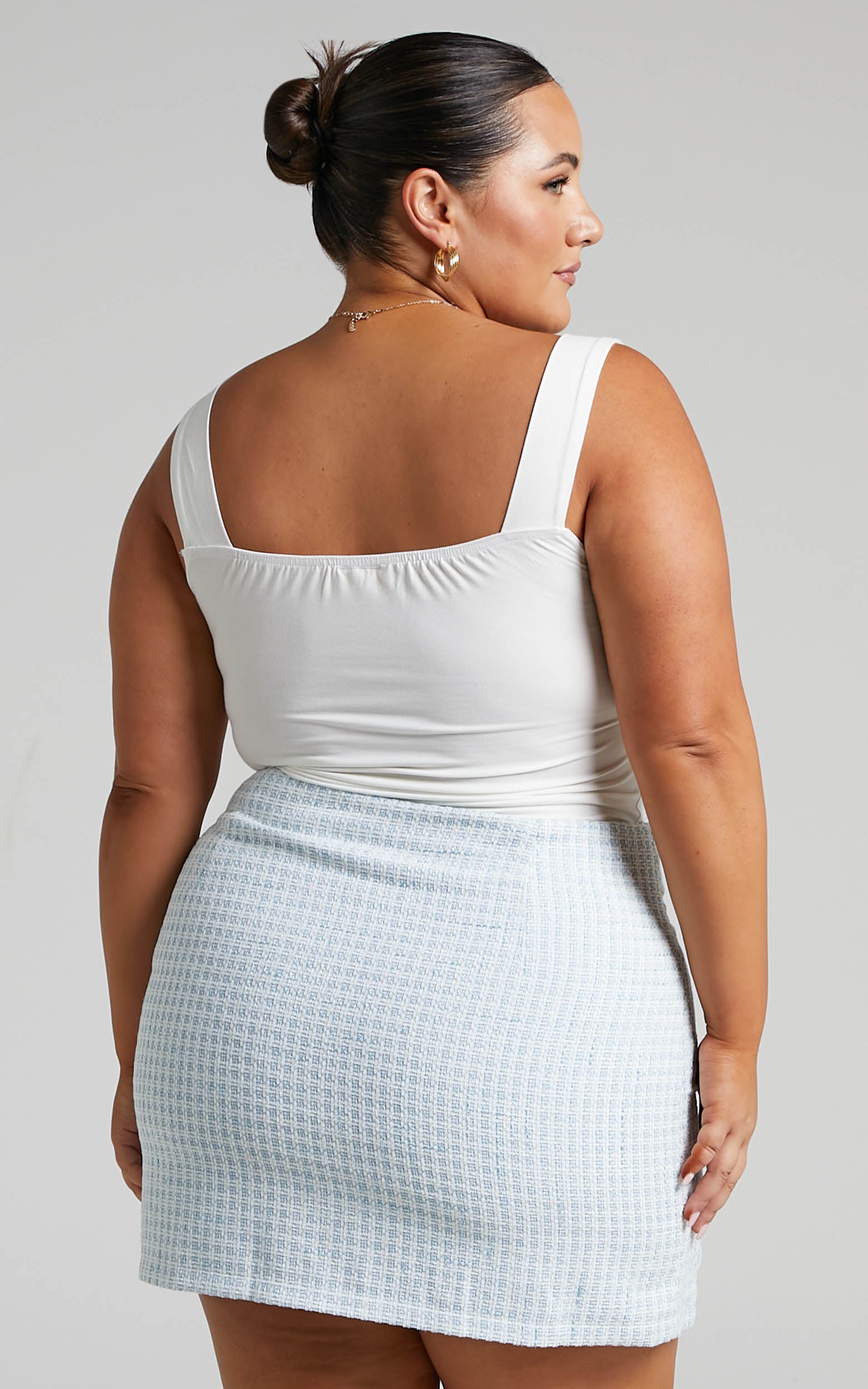 Prescy Mini Skirt - Bouncle Double Pocket Front Tweed Skirt in Ice Blue
