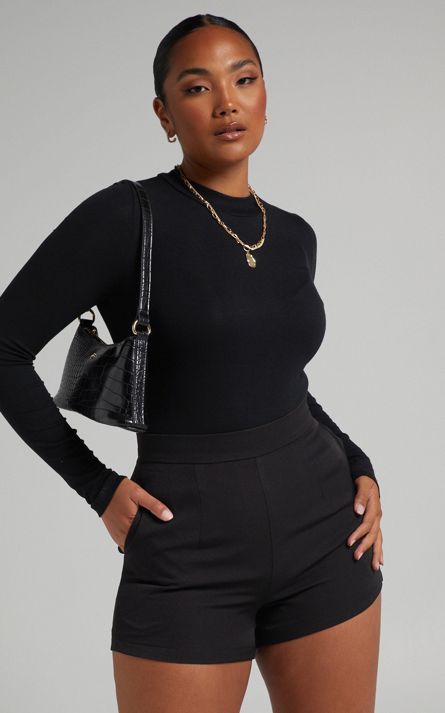 Bea High Neck Long Sleeve Bodysuit in Black