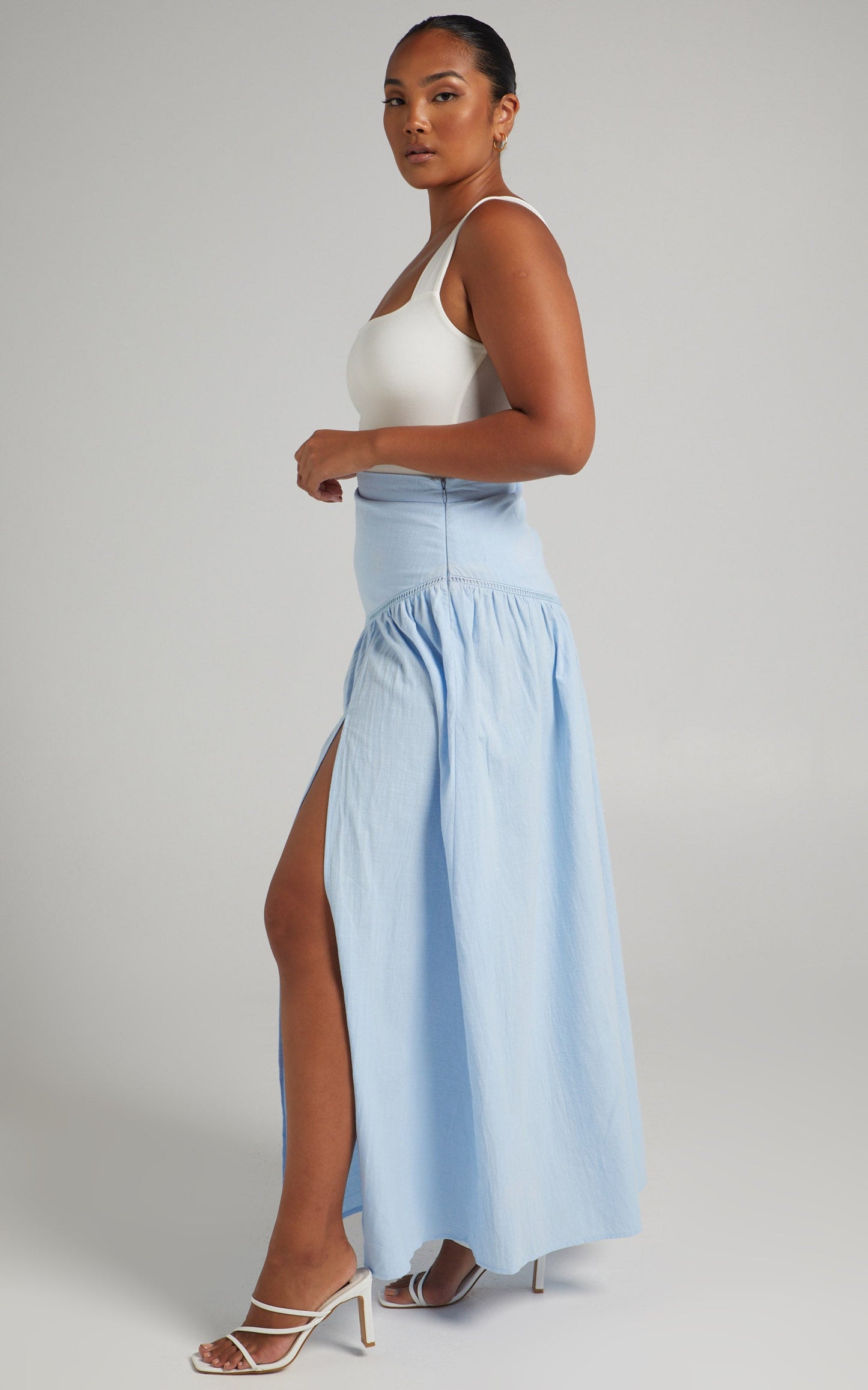Jalena Thigh Slit Asymmetric Maxi Skirt in Light Blue