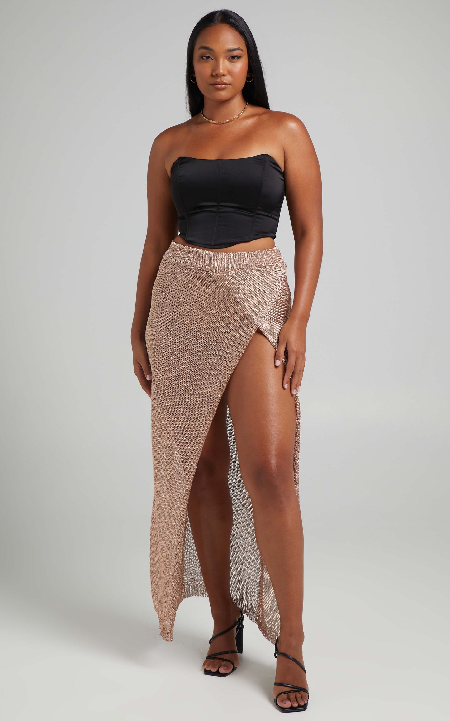 Colette Wrap Style Lurex Knit Skirt in Rose Gold