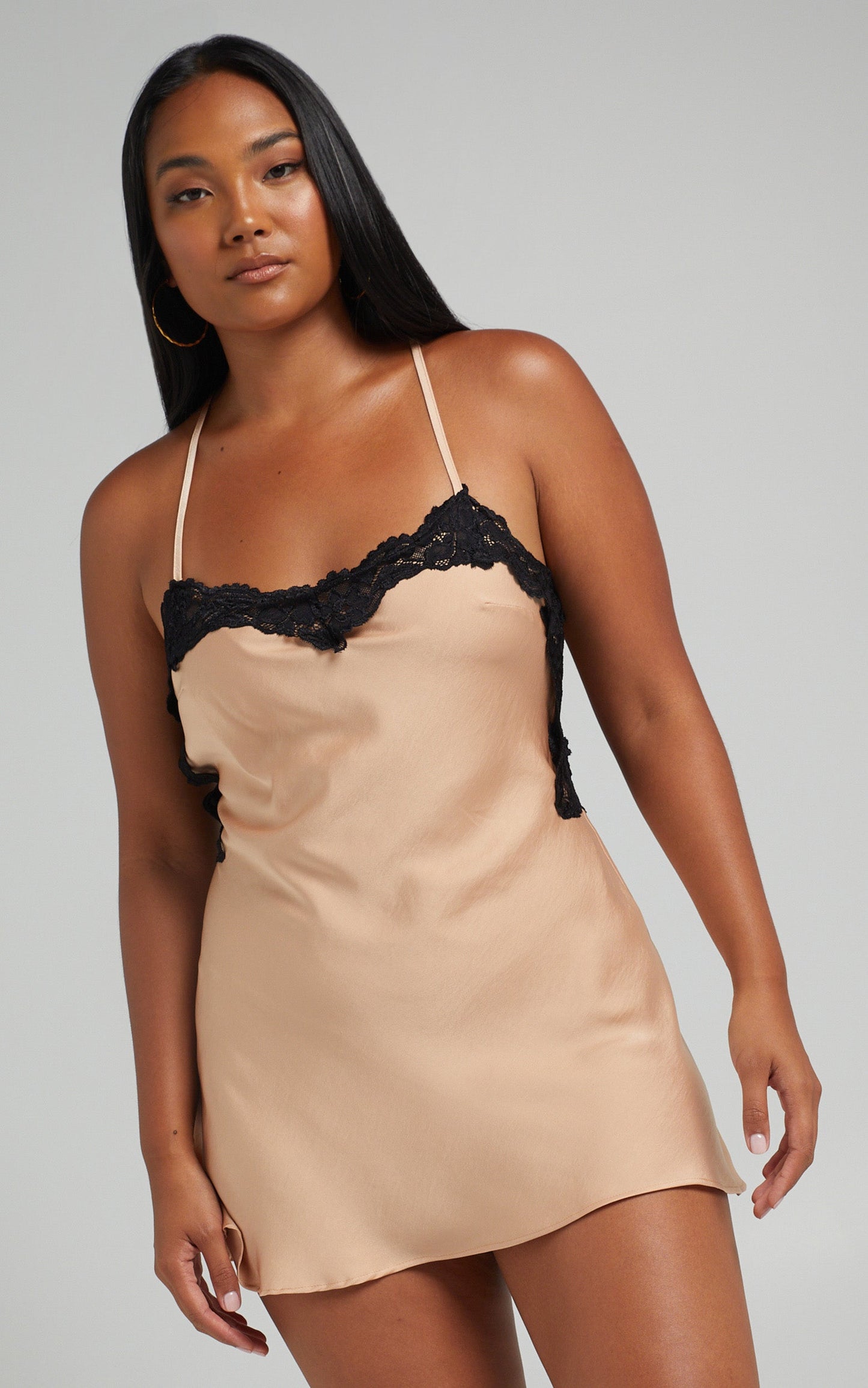 Lailah Lace Trim Open Back Mini Slip Dress in Champagne