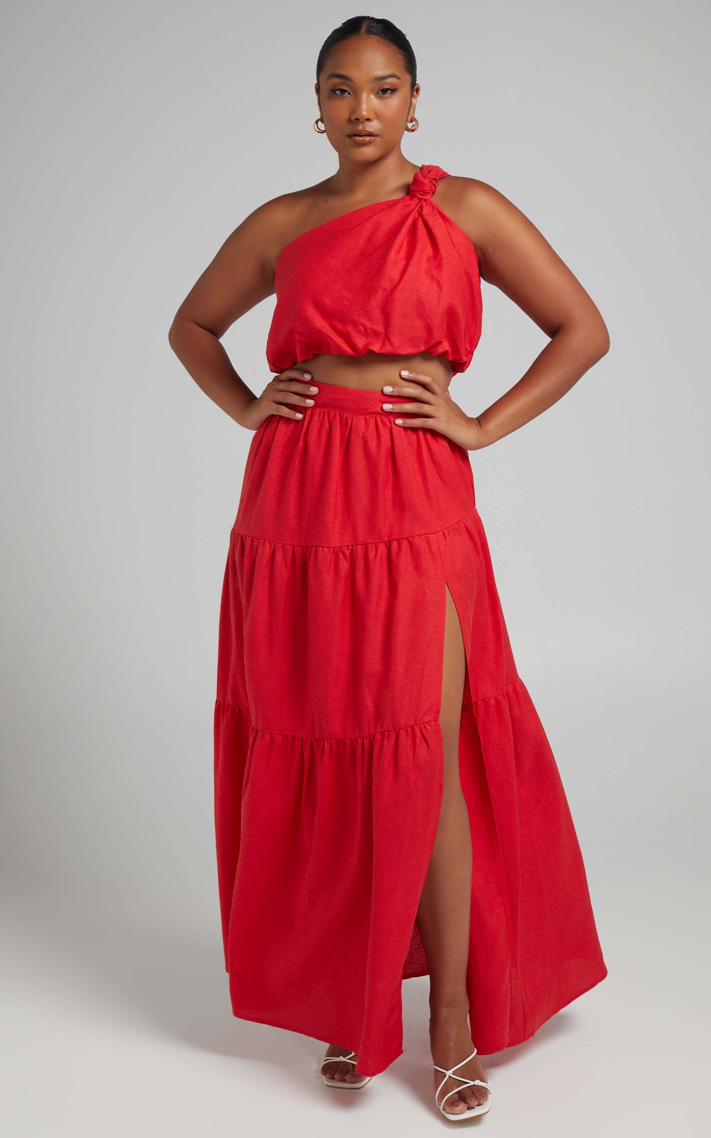 Aerilyn Two Piece Set - Linen One Shoulder Crop Top and Midi Skirt Set in Red