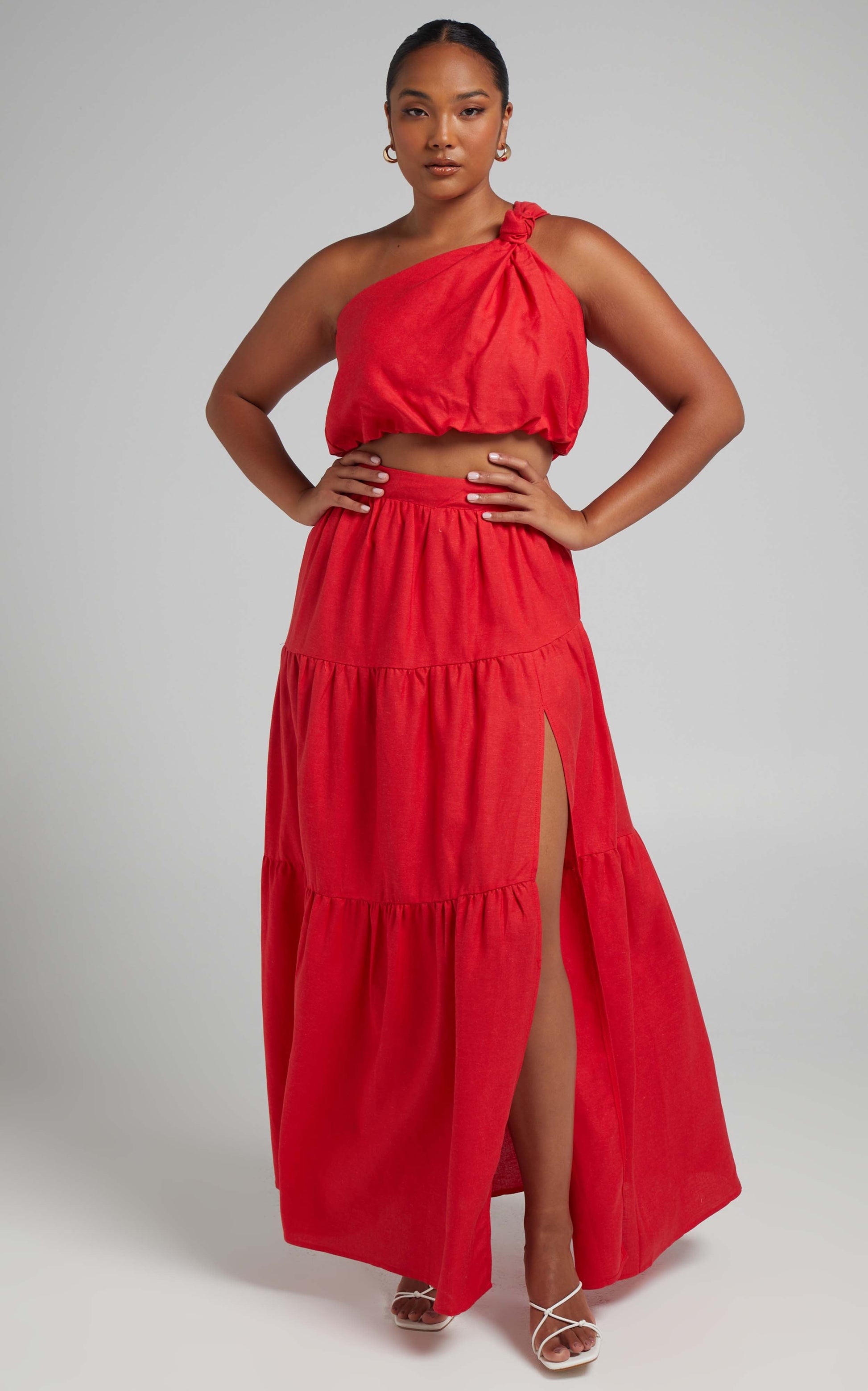 Aerilyn Two Piece Set - Linen One Shoulder Crop Top and Midi Skirt Set in Red