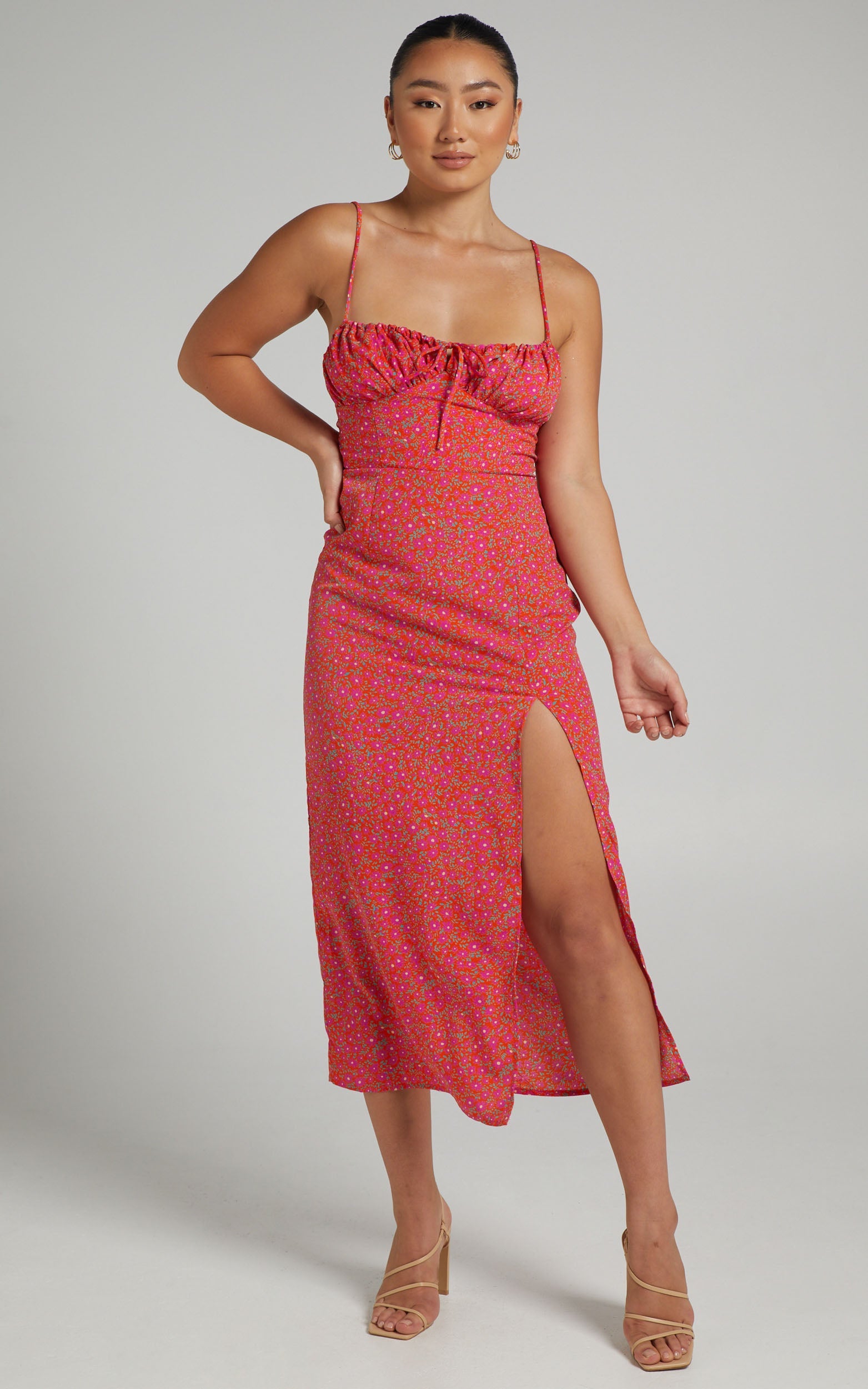 Ofellia Ruched Bodice Midi Dress in Orange