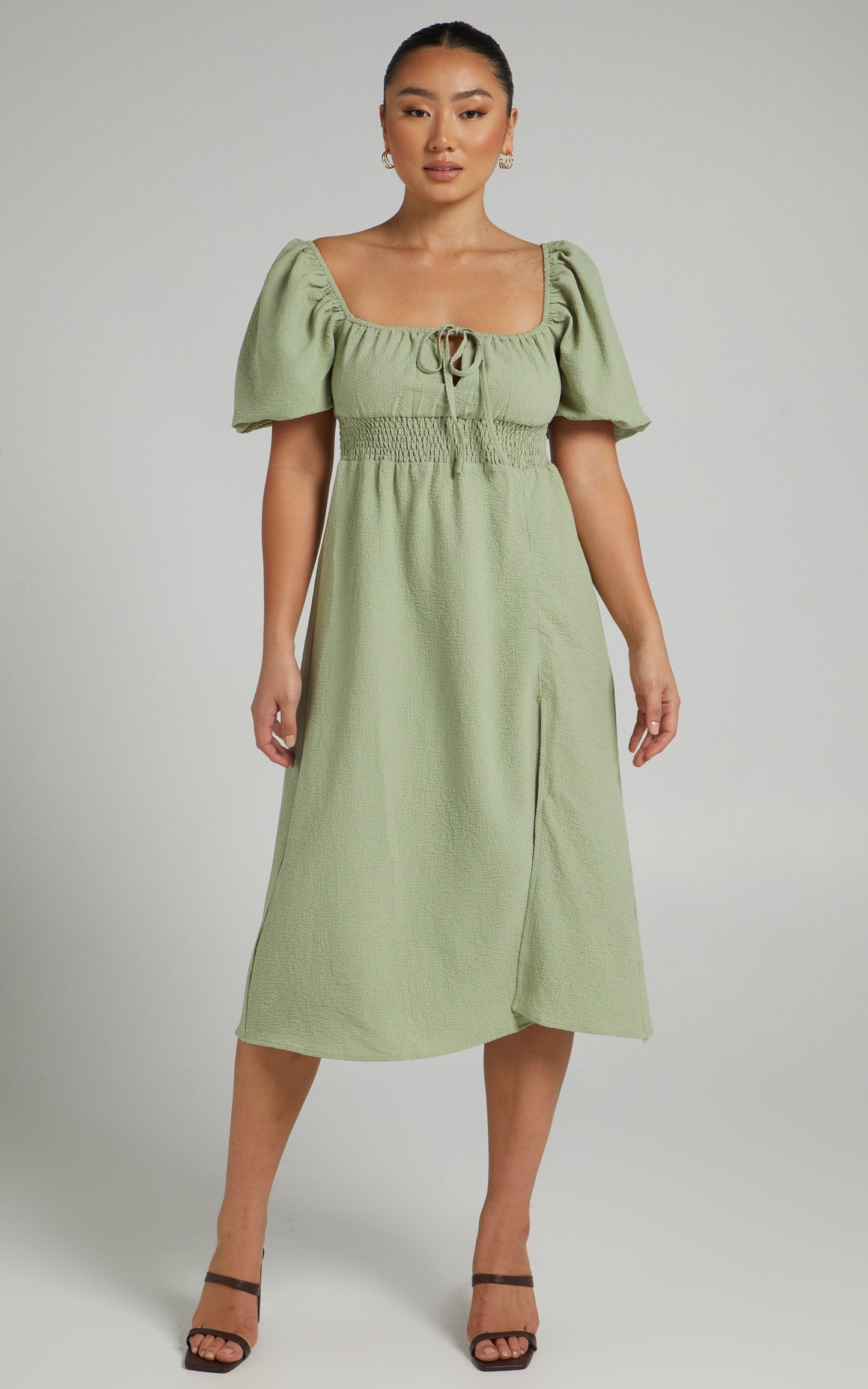 Yanet Midi Dress - Shirred Puff Sleeve Dress in Sage