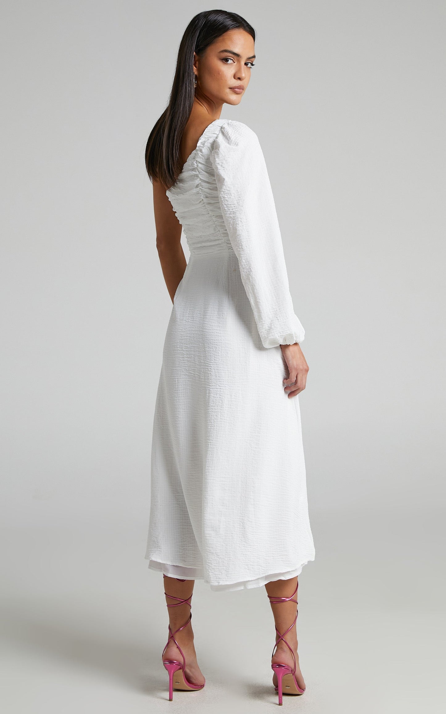 Razille Midi Dress - Ruched Bodice One Shoulder Long Sleeve Dress in White