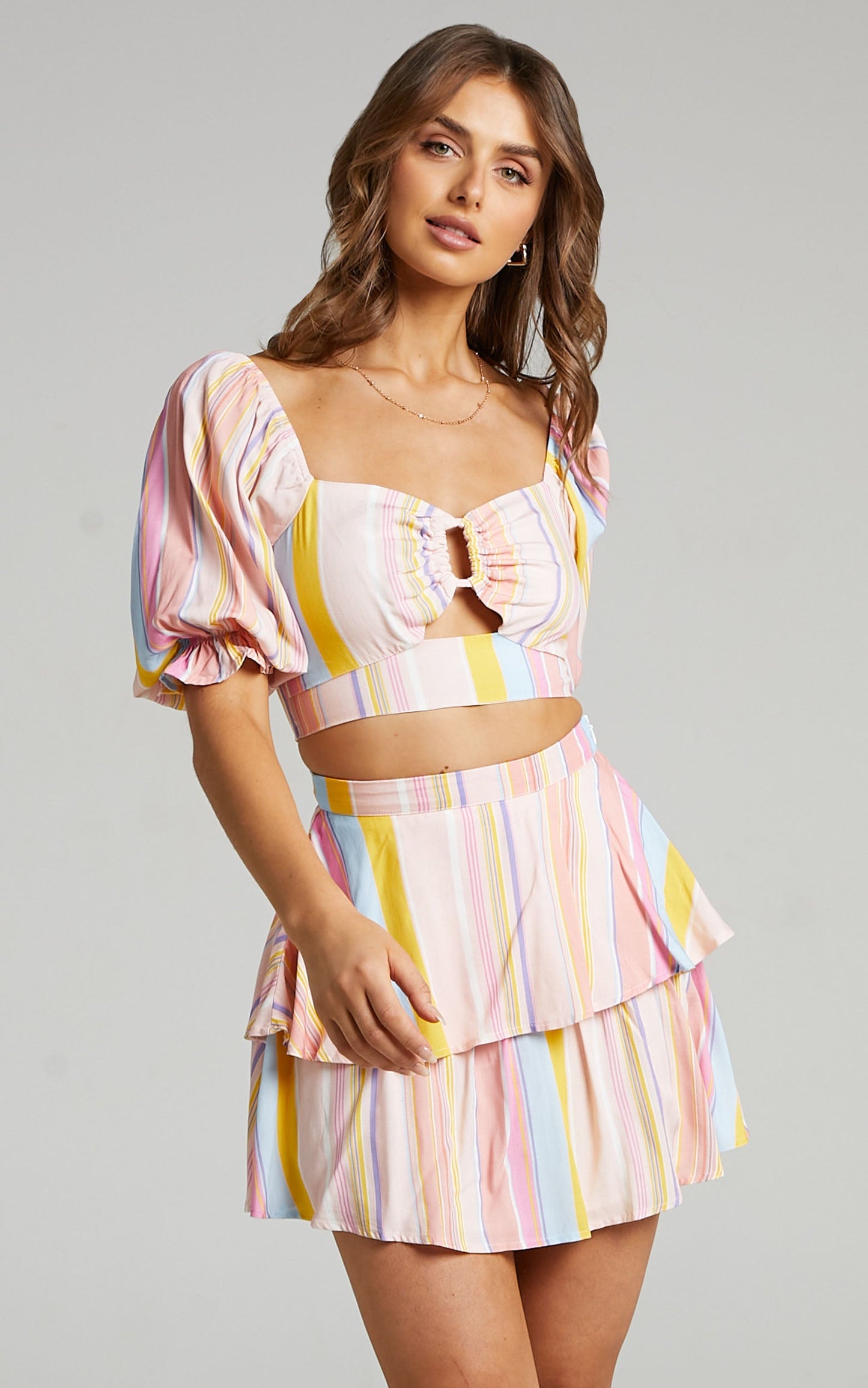 Ressy Mini Skirt - Tiered Frill Skirt in Summer Multi Stripe
