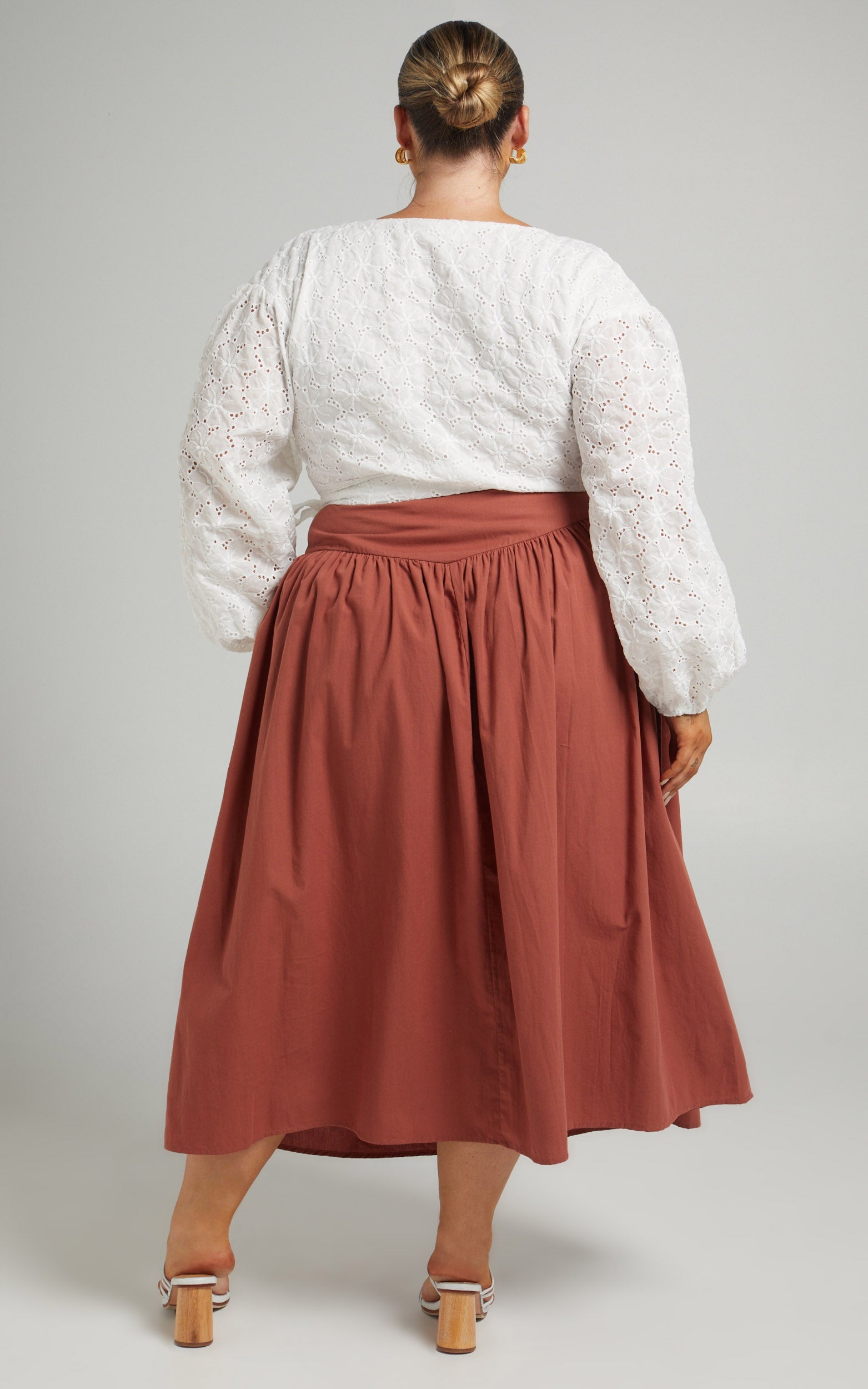 Hyra Midi Skirt - Ring Detail Gathered Yoke Skirt in Rust
