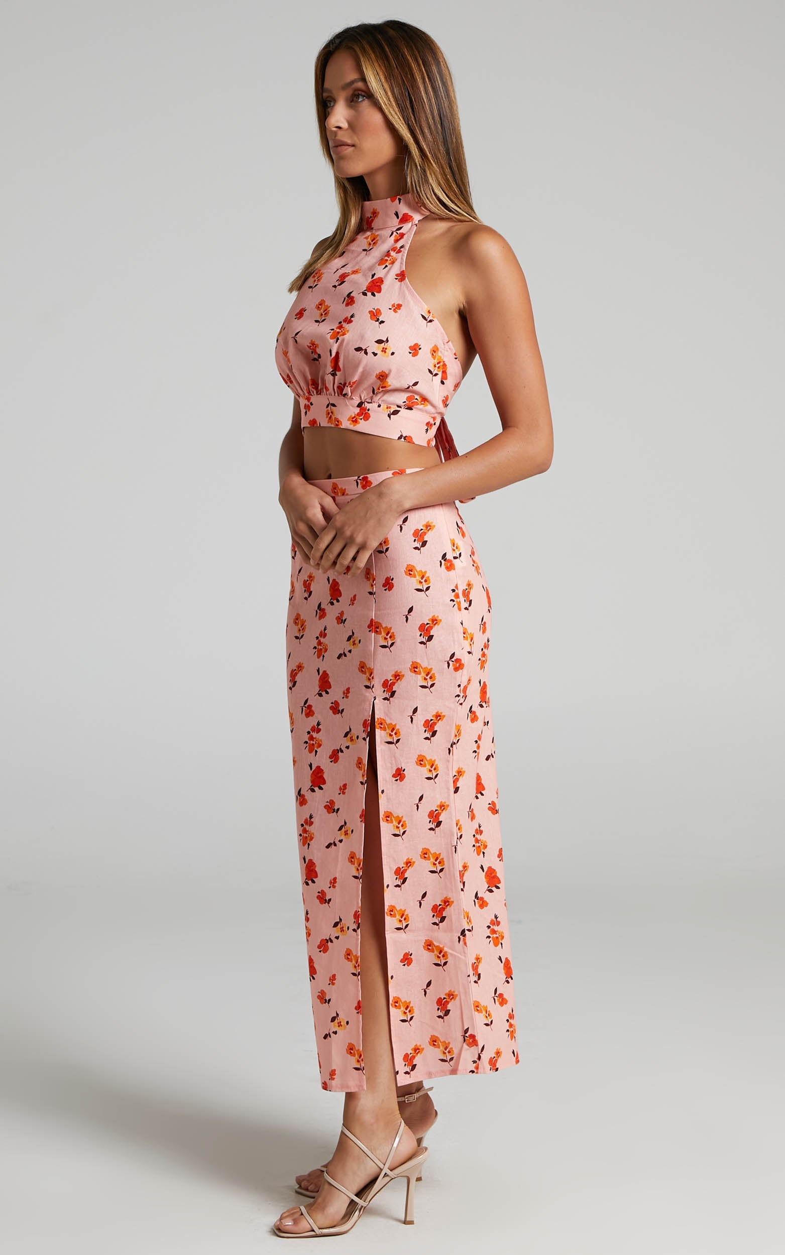 Rosini Halter Two Piece Set - Linen Crop Top and Side Split Midi Skirt in Pink Floral
