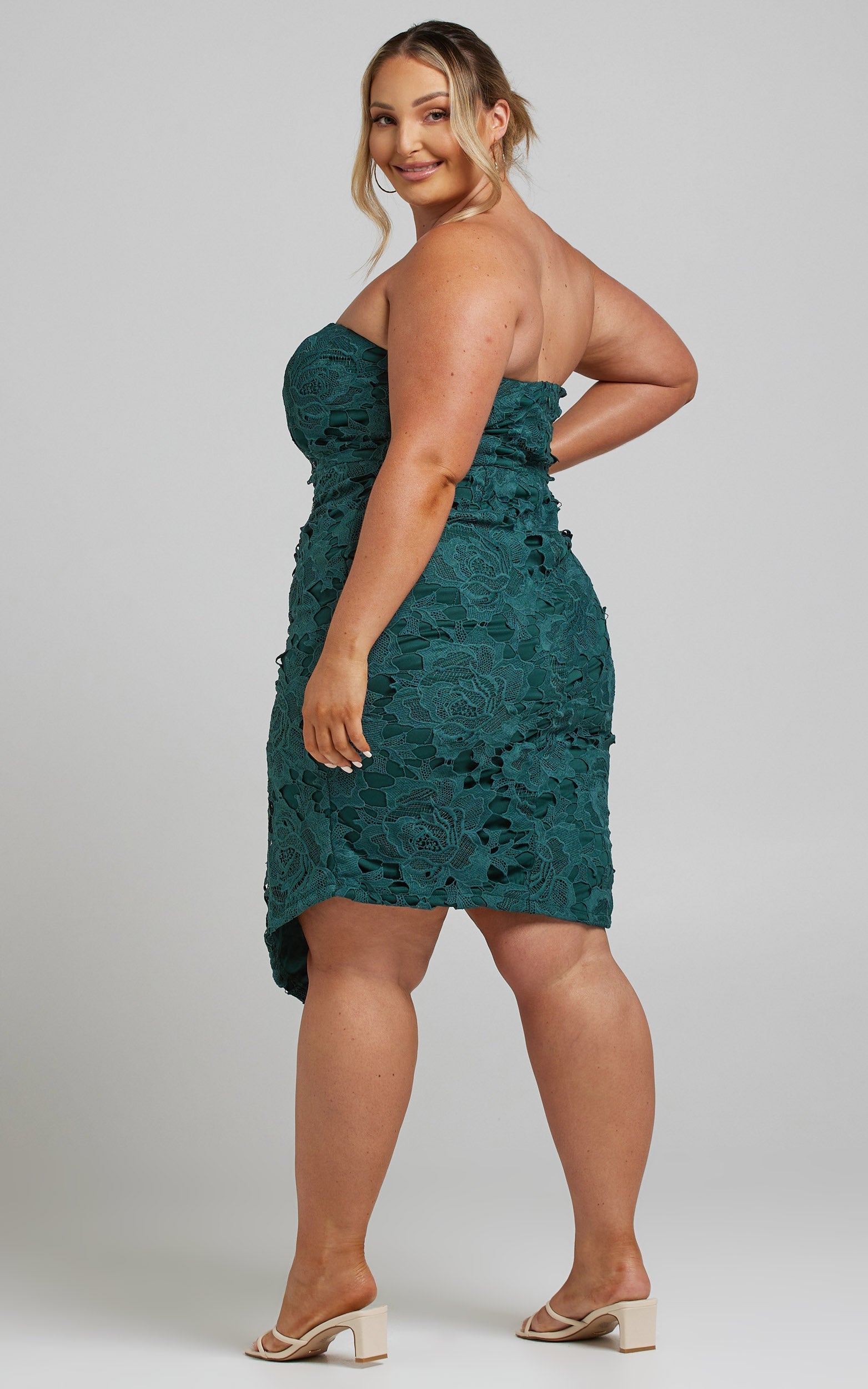 Lace To Lace Midi Dress - Strapless Bodycon Dress in Emerald Lace