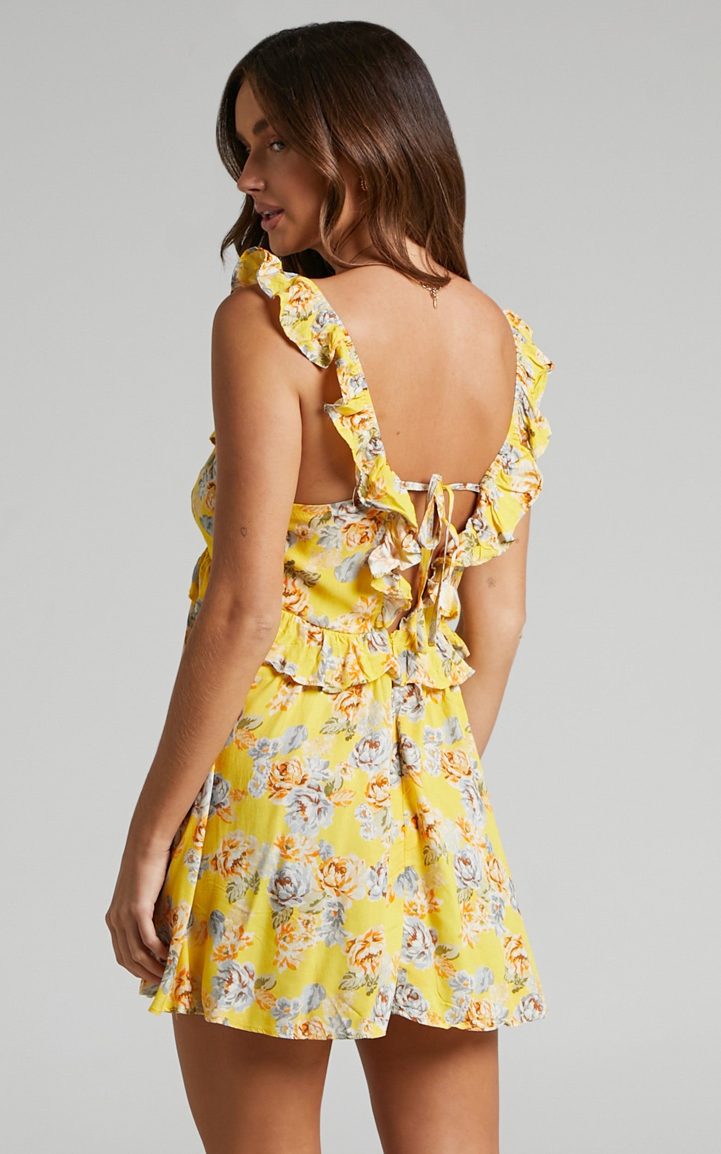 Serenyo Mini Dress - Ruffle Detail V Neck Low Back Skater Dress in Yellow Floral