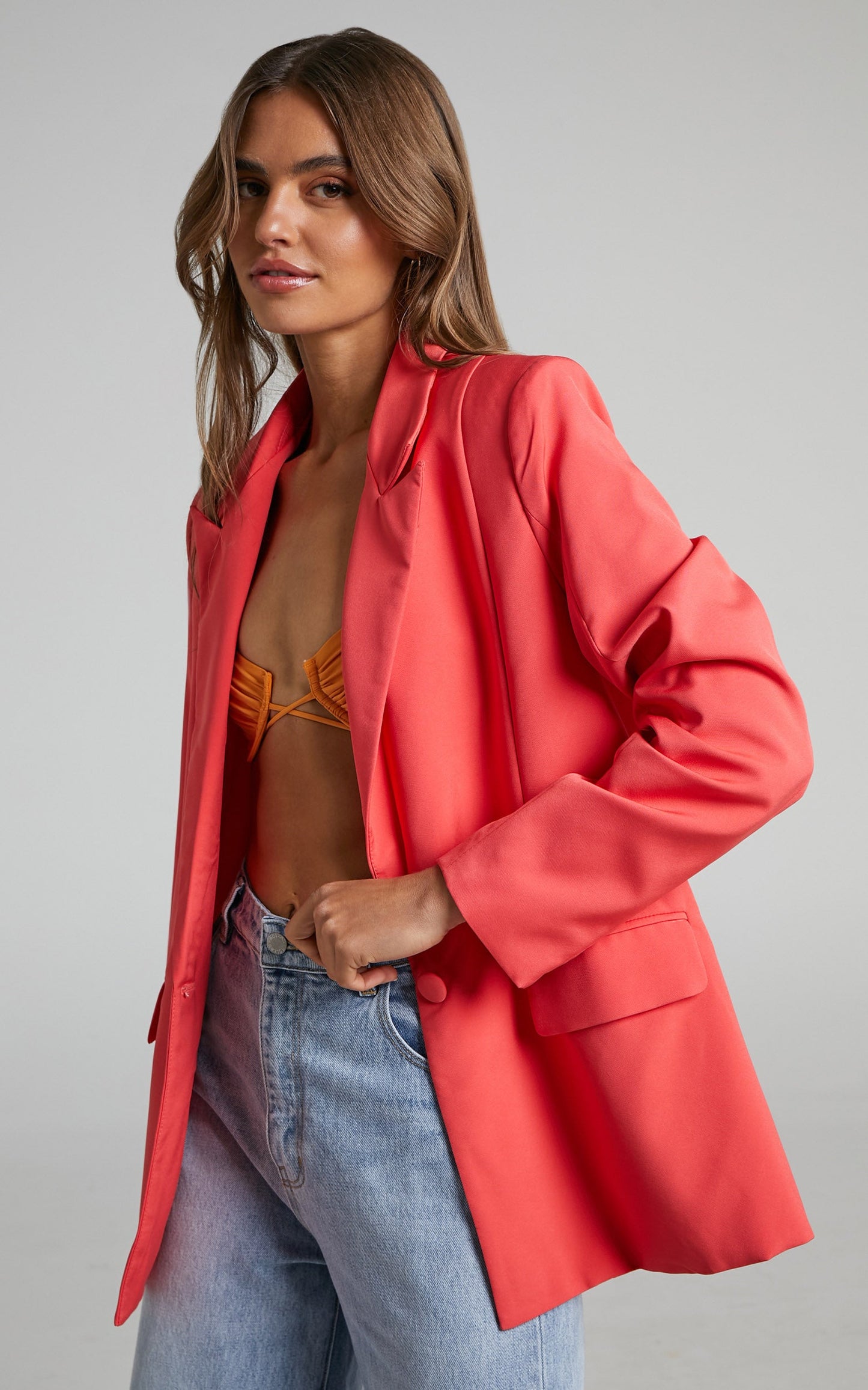 Sharmiel Blazer - Plunge Neck Oversized Longline Blazer in Orange