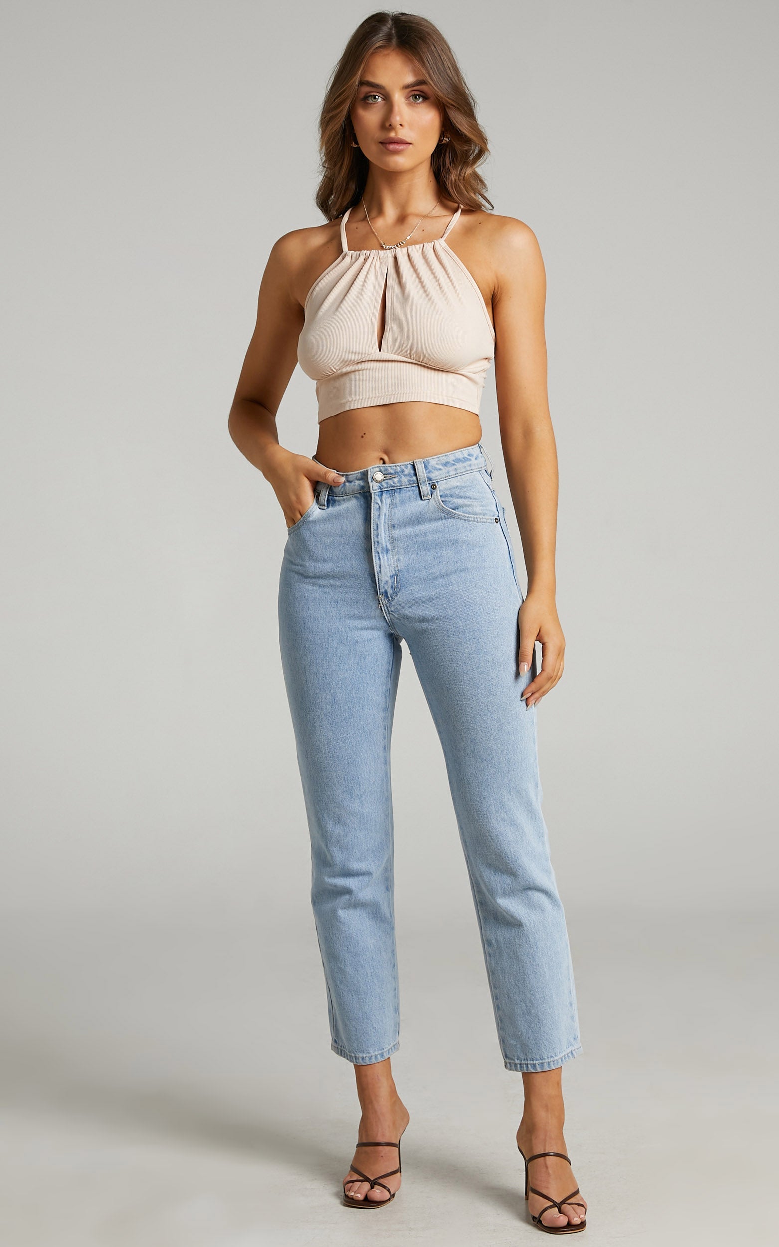 Shenden Crop Top - Keyhole Front Top in Beige