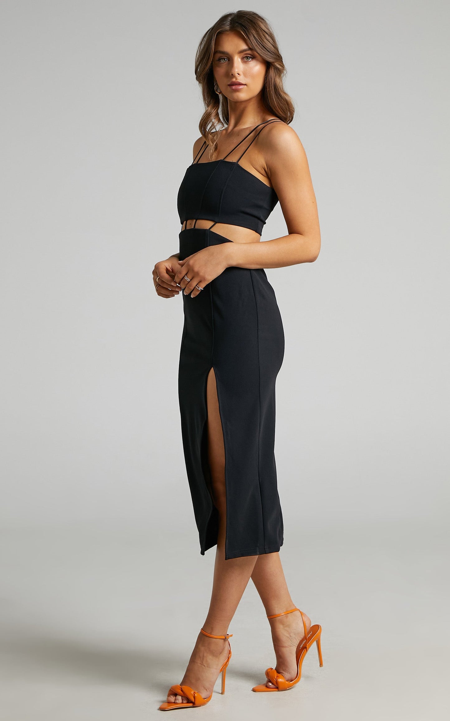 Sumeria Strap Detail Midi Dress in Black