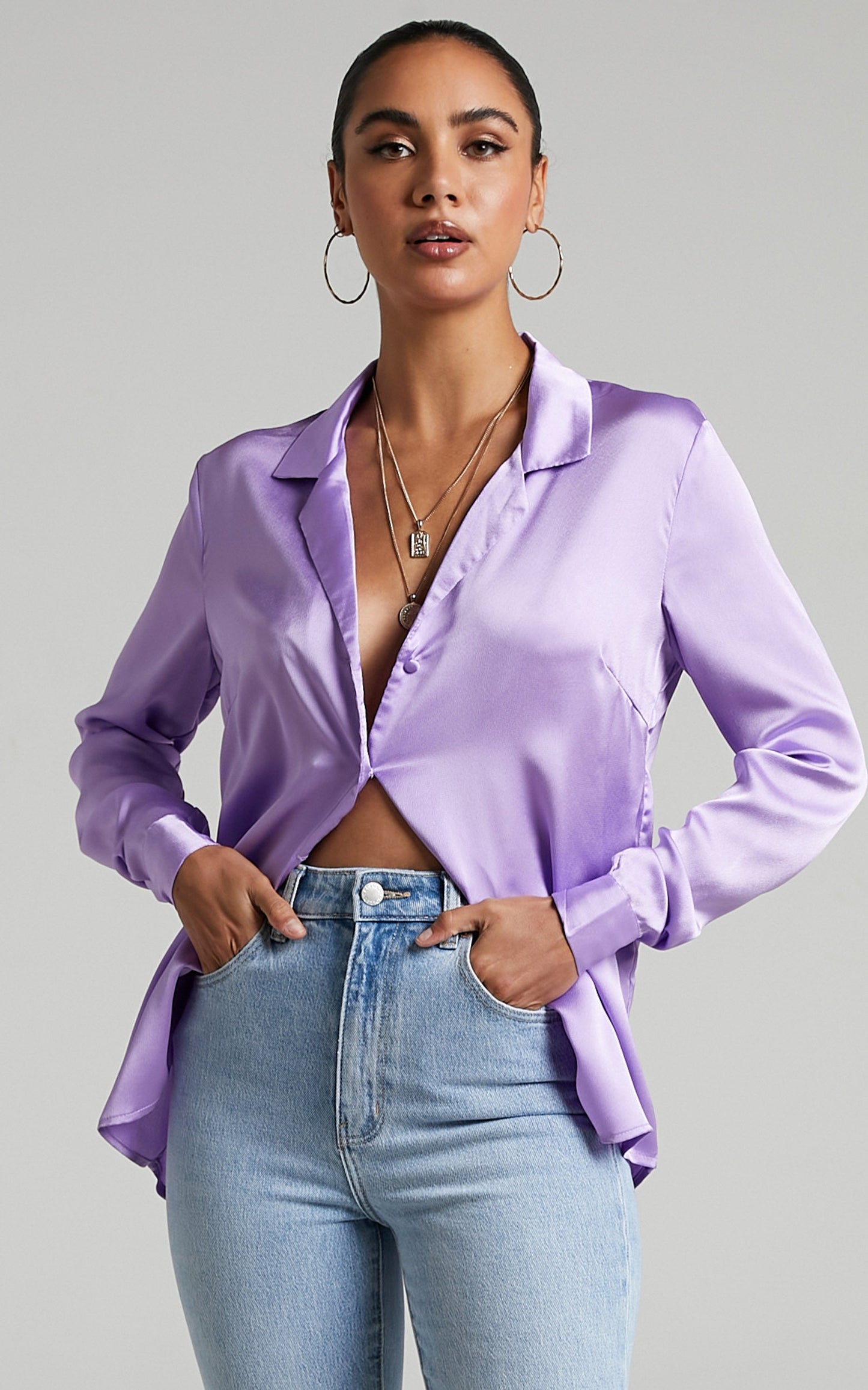 Tinna Shirt - Longsleeve Satin Collared Button Up Shirt in Lilac