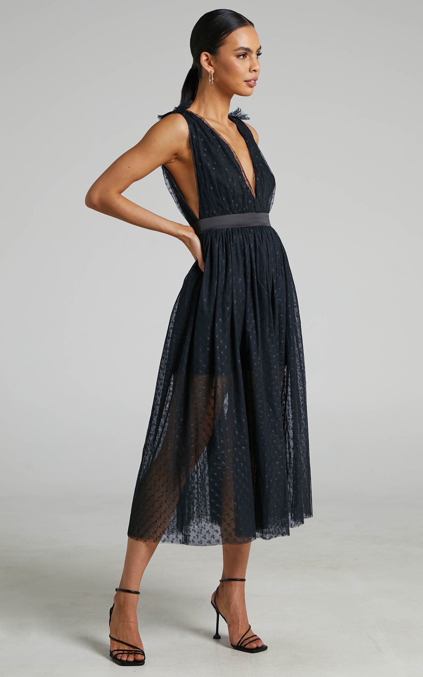 Xenia Midi Dress - Plunge Tulle Dress in Black