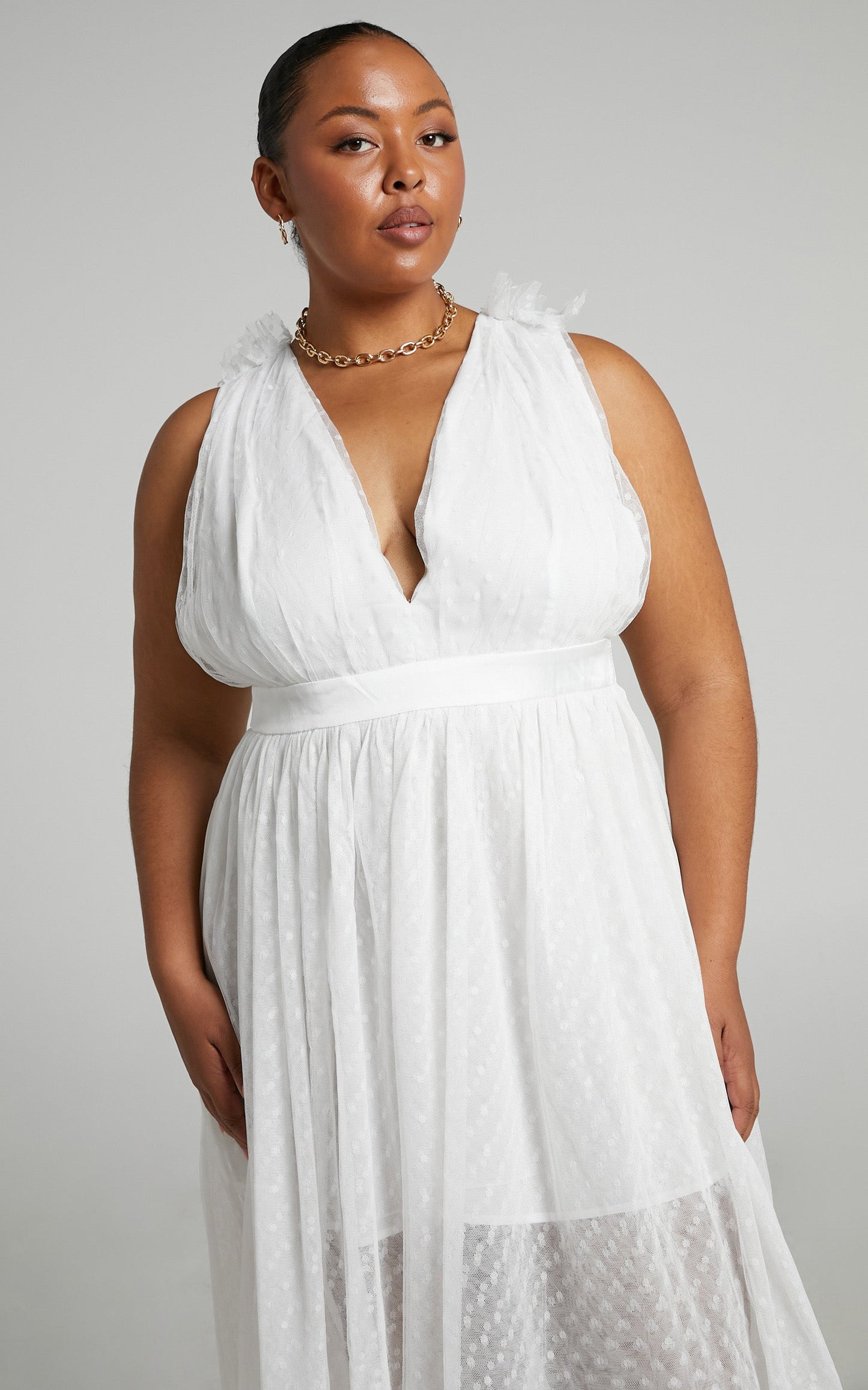Xenia Midi Dress - Plunge Tulle Dress in White