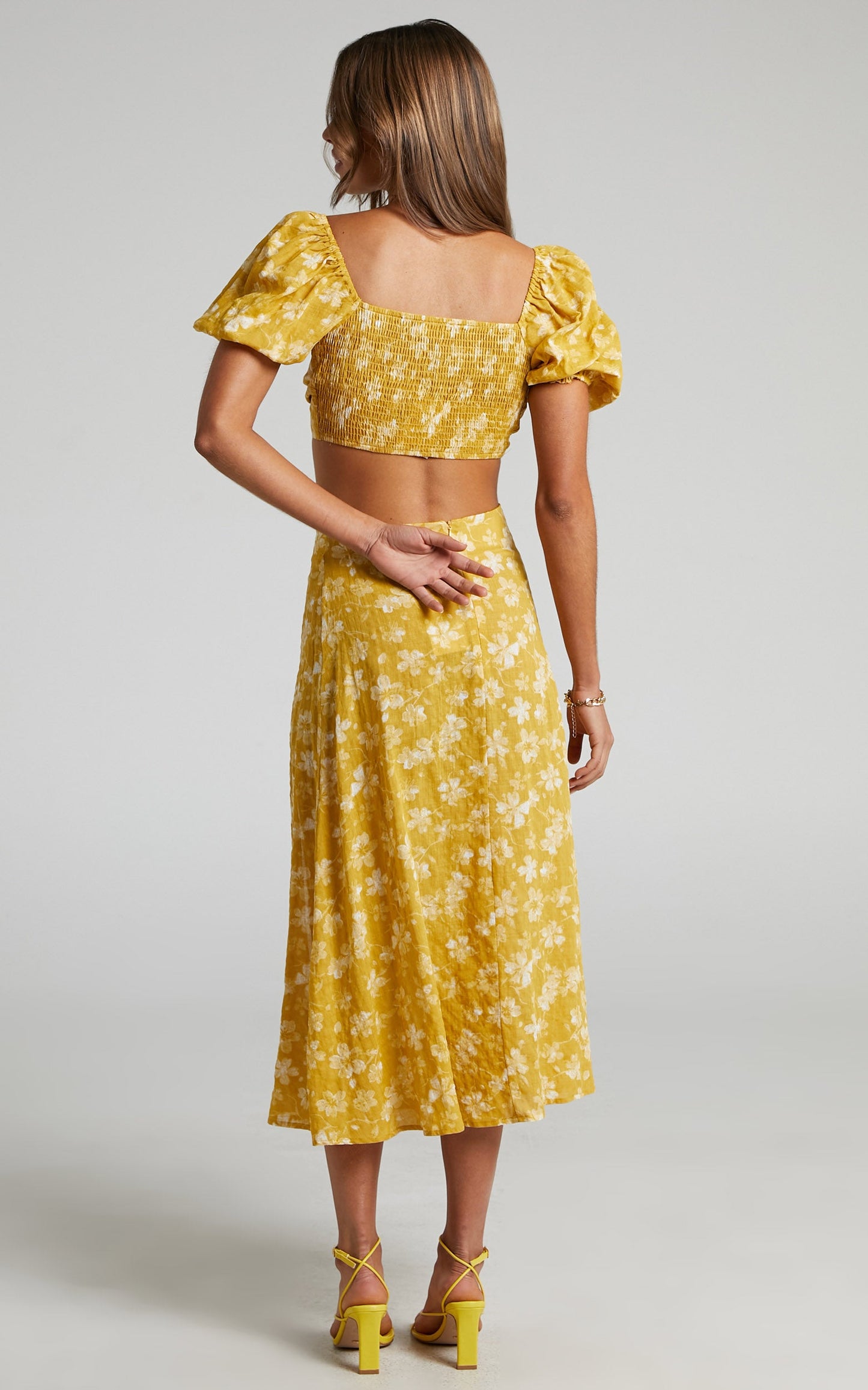 Zilda Linen Tie Front Crop Top and Midi Skirt Two Piece Set in Yellow Floral