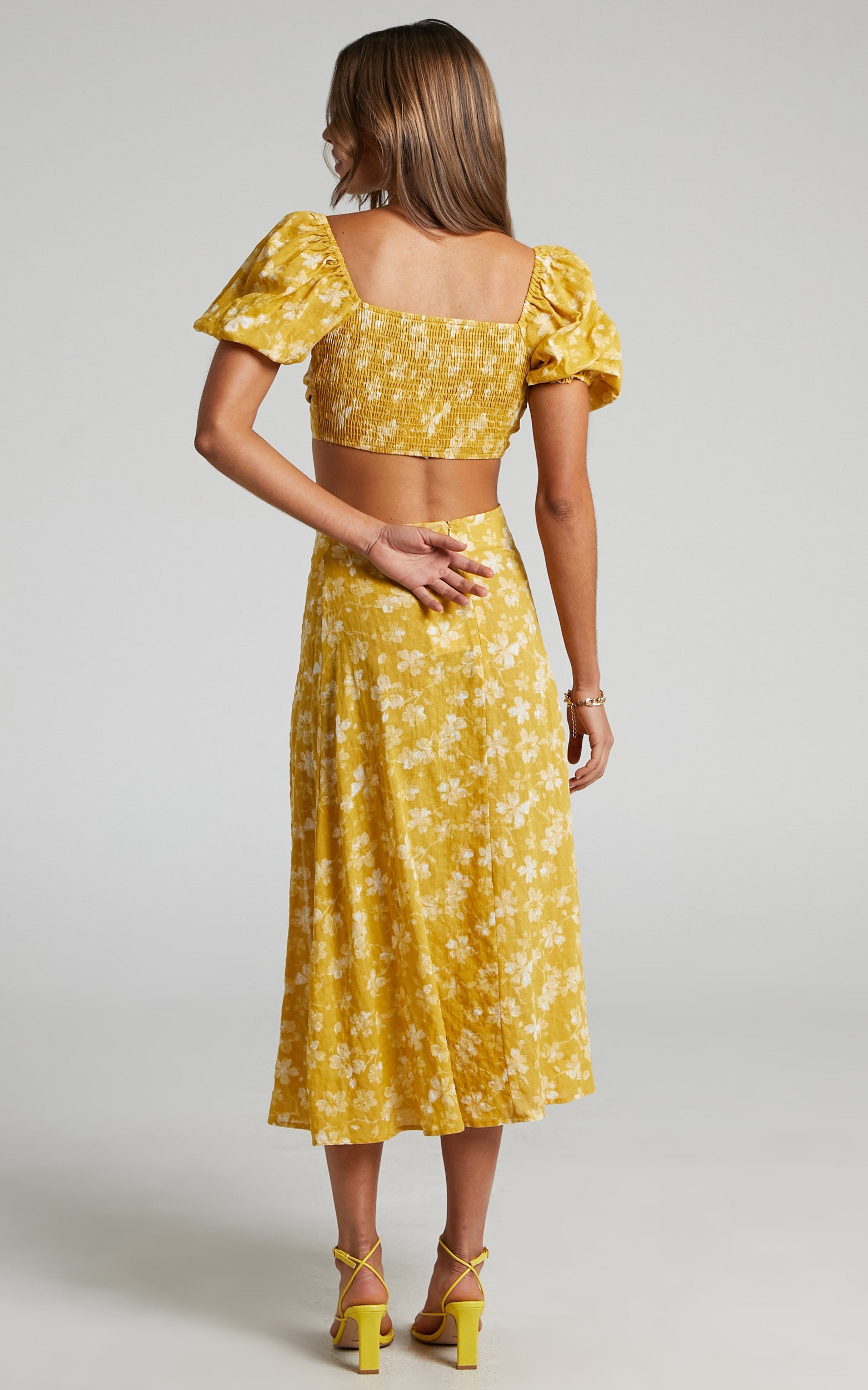 Zilda Linen Tie Front Crop Top and Midi Skirt Two Piece Set in Yellow Floral