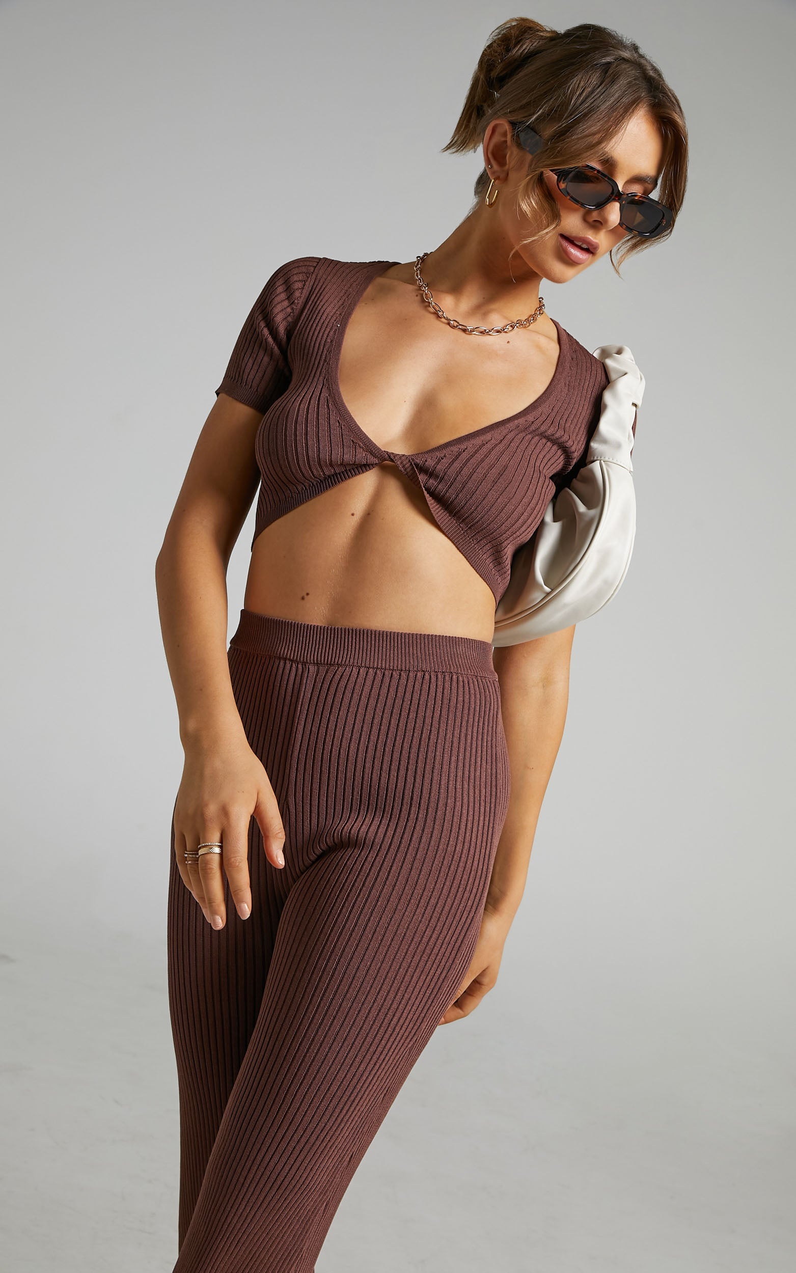 Zyanya Ribbed Cropped Two Piece Set in Chocolate