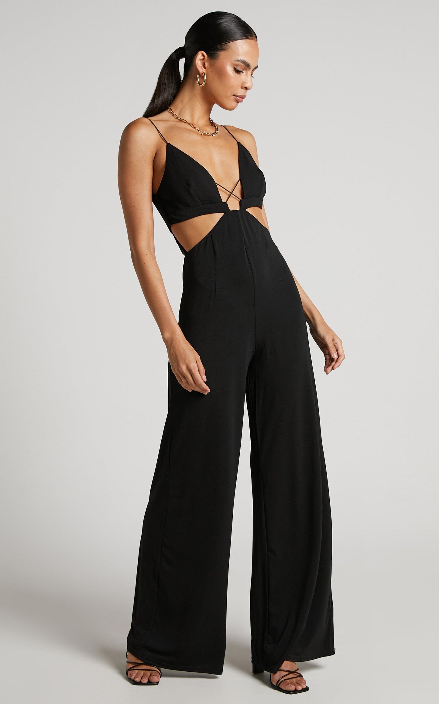 Benice Jumpsuit - Slender Strap Cut Out Wide Leg Jumpsuit in Black