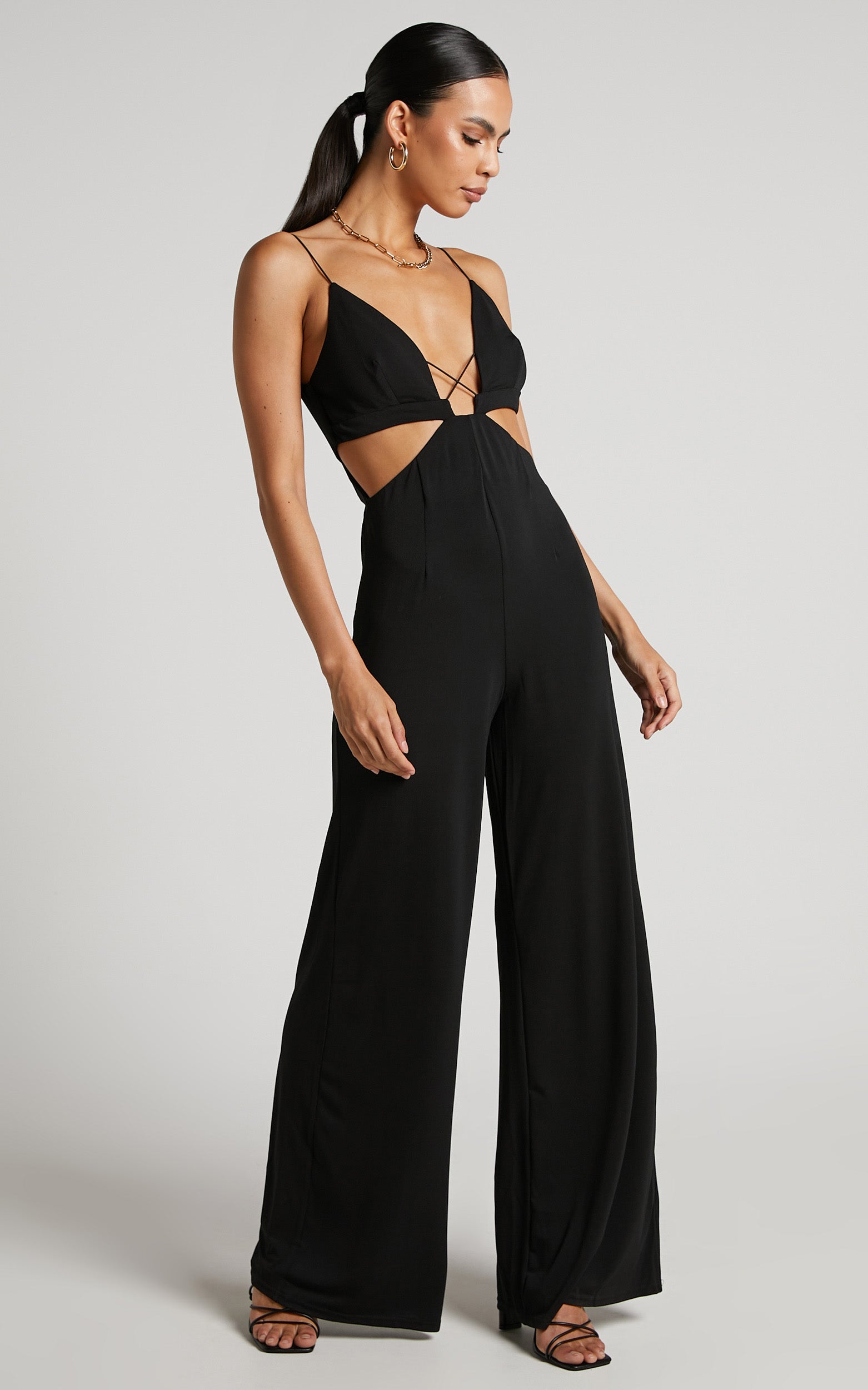 Benice Jumpsuit - Slender Strap Cut Out Wide Leg Jumpsuit in Black