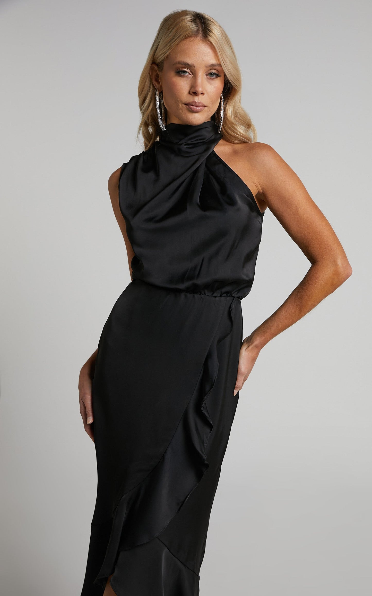 Billie Midi Dress - High Neck Drape Frill Hem Dress in Black