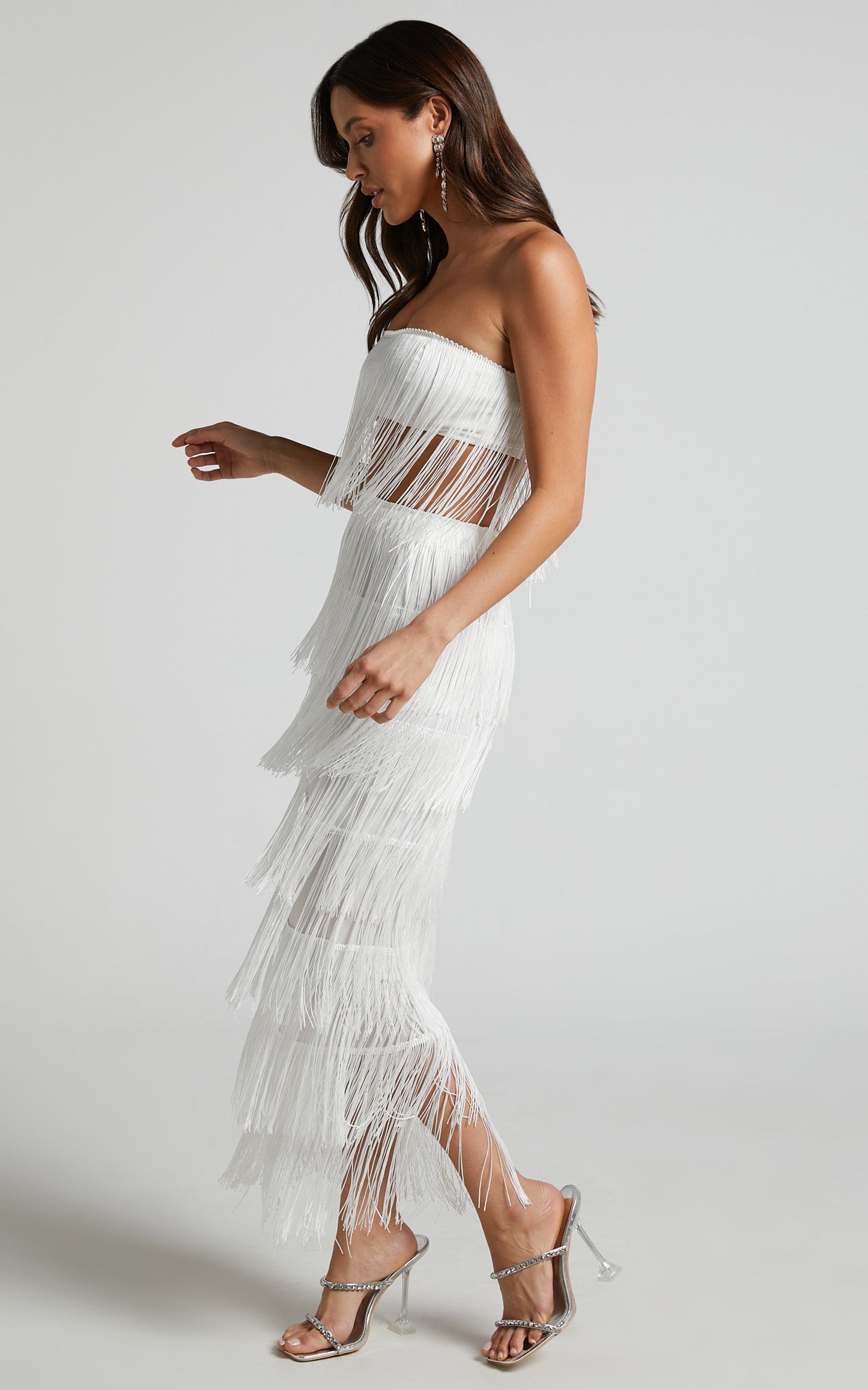Amalee Two Piece Set - Fringe Strapless Crop Top and Midi Skirt Set in White
