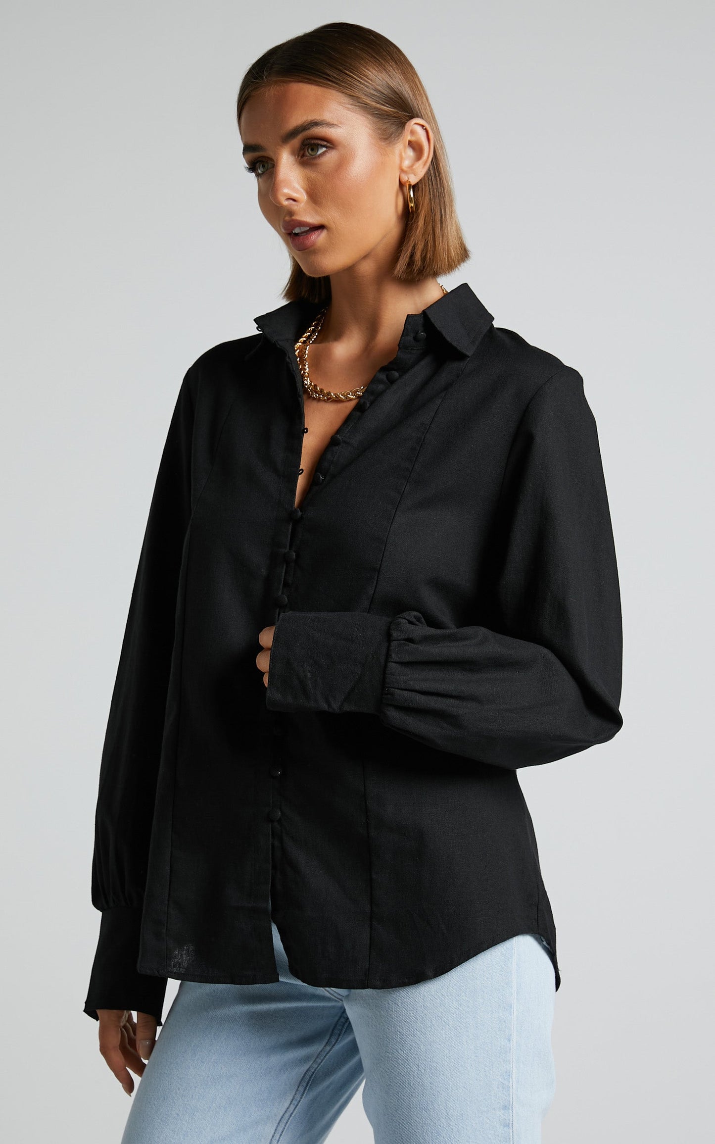 Kiva Blouse - Linen Long Sleeve Button Up Blouse in Black