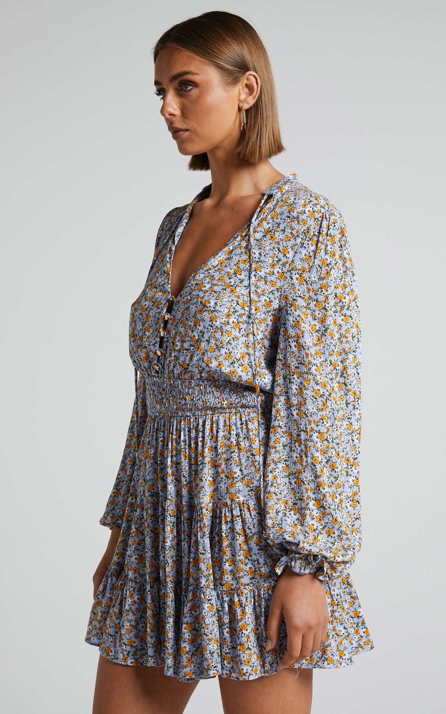 Luisella Mini Dress - Long Sleeve Shirred Waist Dress in Blue Ditsy Floral