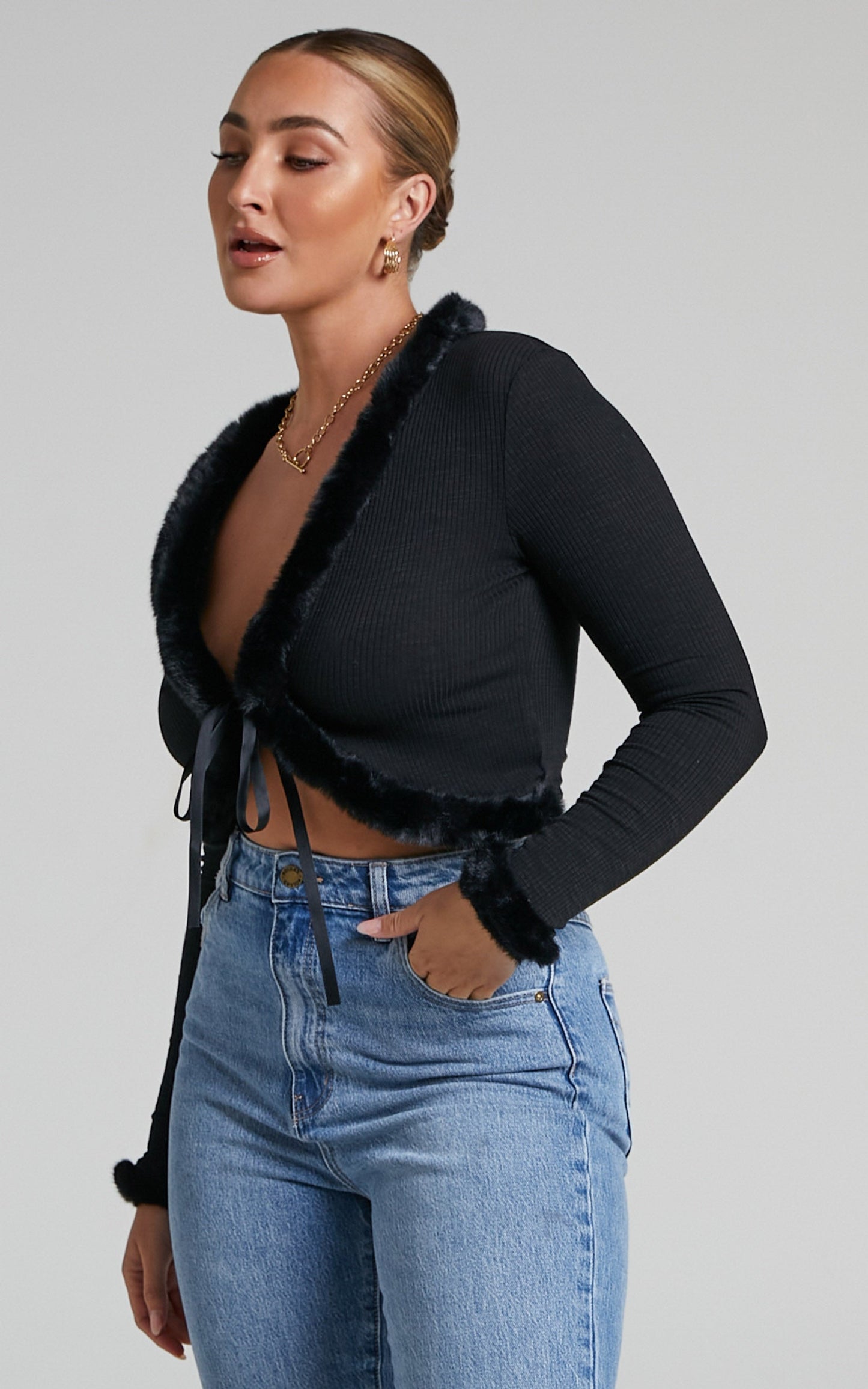 Madame Faux Fur Trim Tie Front Cardigan in Black