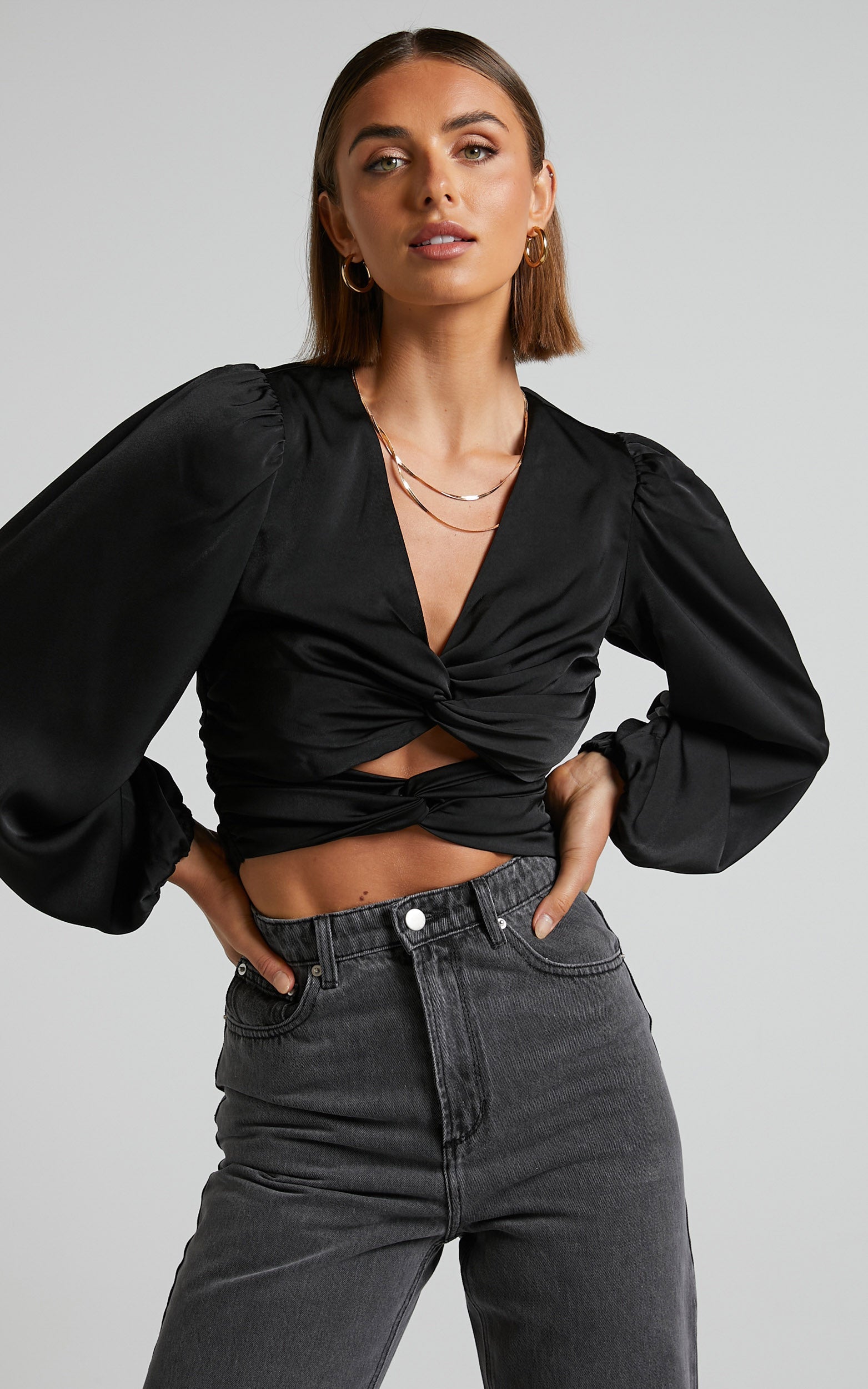 Ransley Top - Cut Out Twist Front Long Sleeve Blouse in Black
