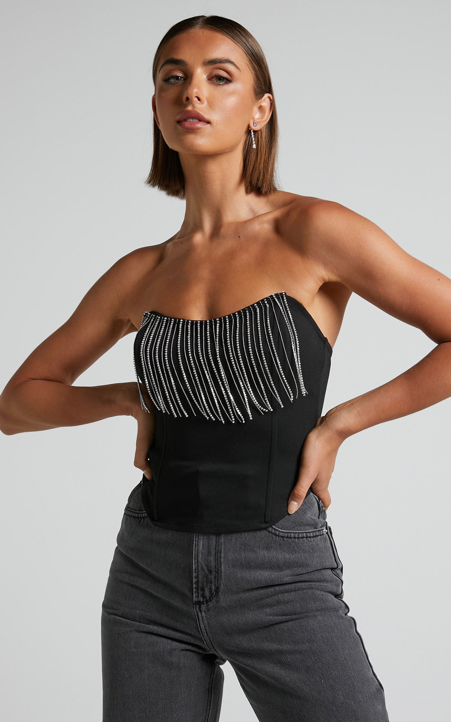 Shikita Top - Diamante Trim Strapless Corset Top in Black