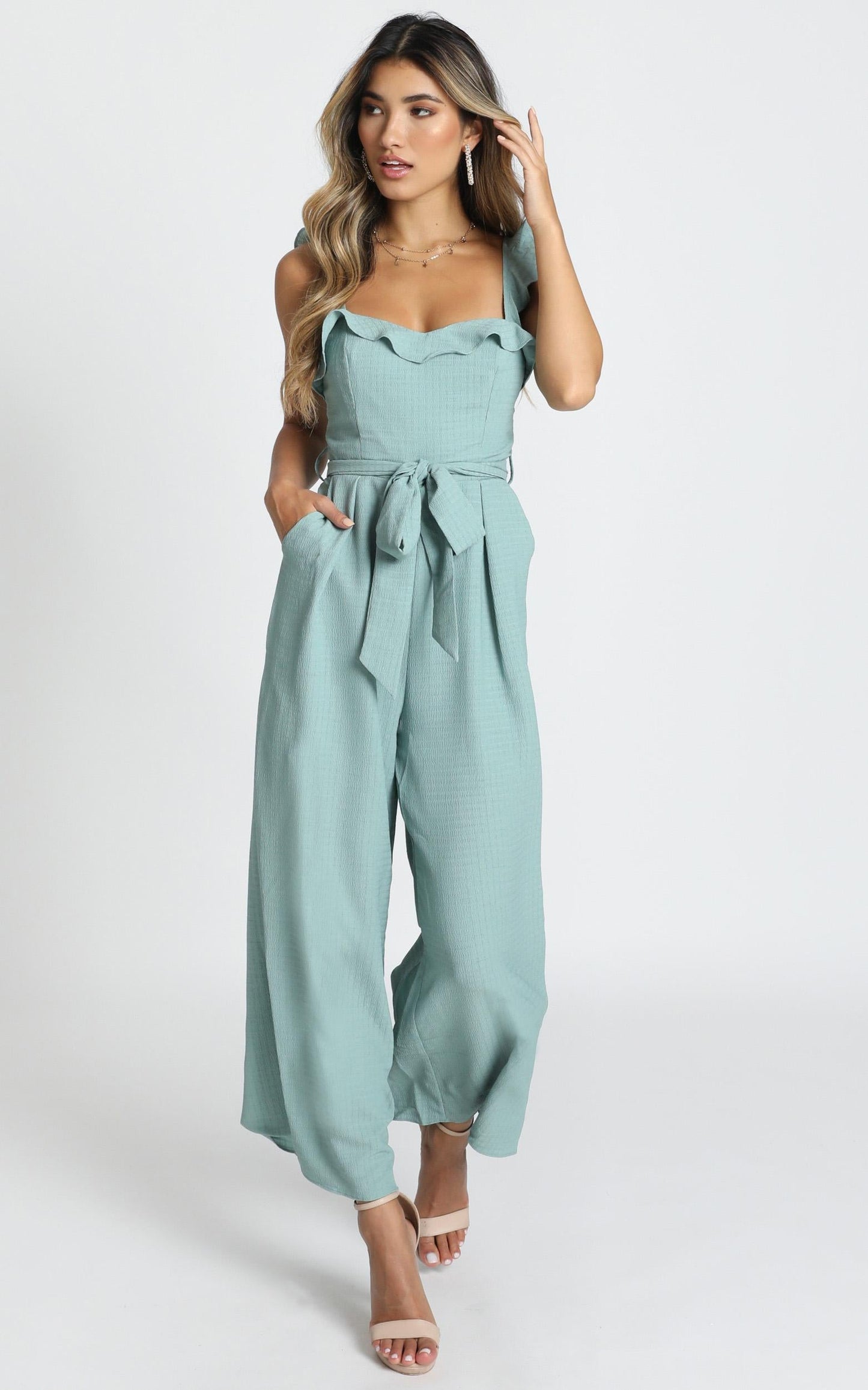 Cynthia Ruffle Jumpsuit in Sage
