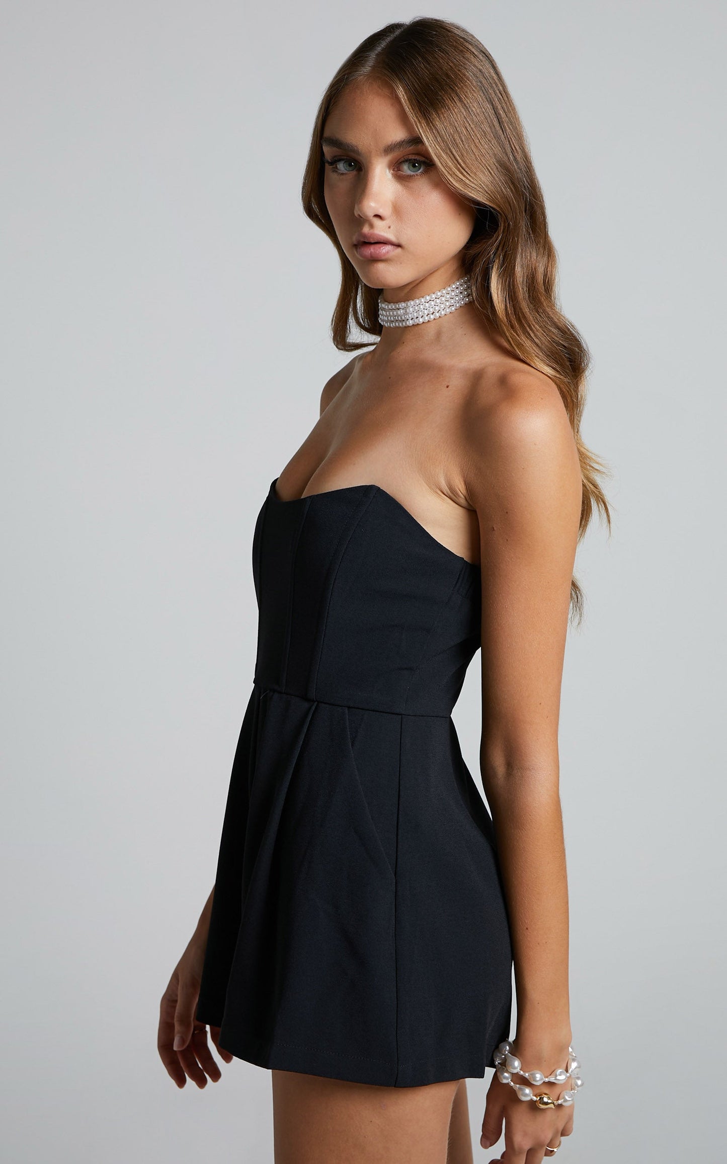 Bonne Playsuit - Strapless Corset Bustier Mini Playsuit in Black