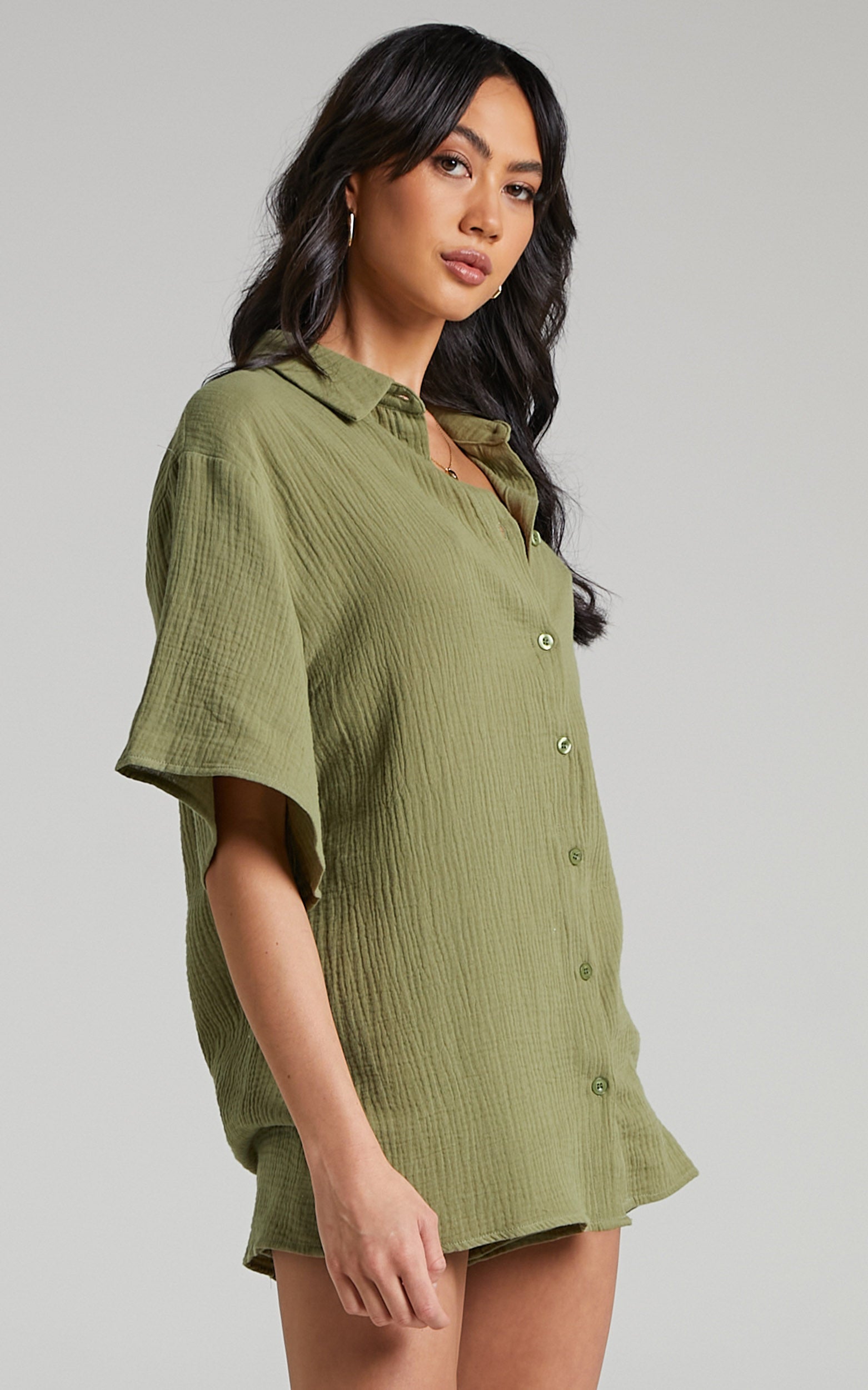 Atom Muslin Shirt - Oversized Button Up Shirt in Khaki