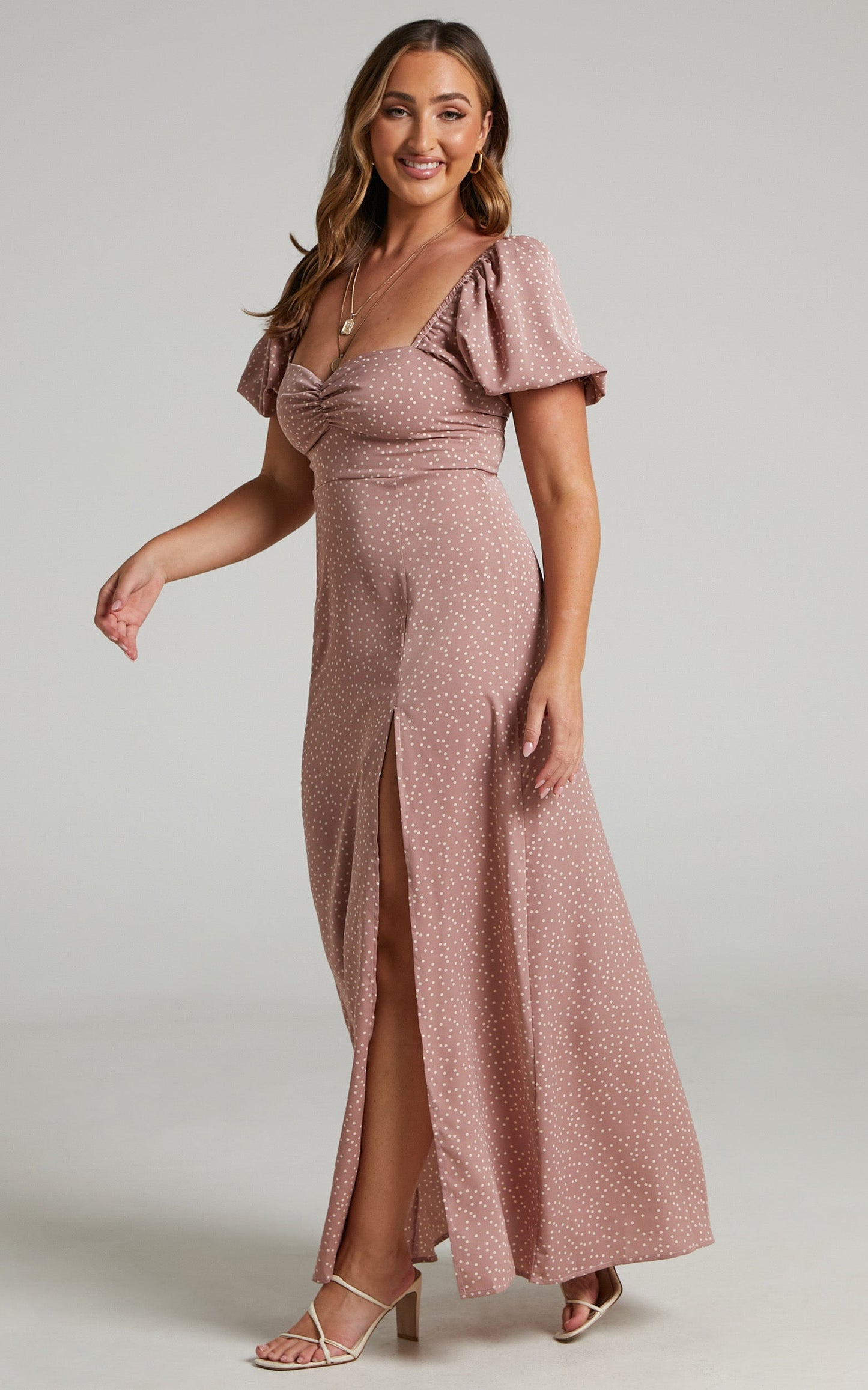 Bertina Puff Sleeve Side Split Maxi Dress in Dusty Pink