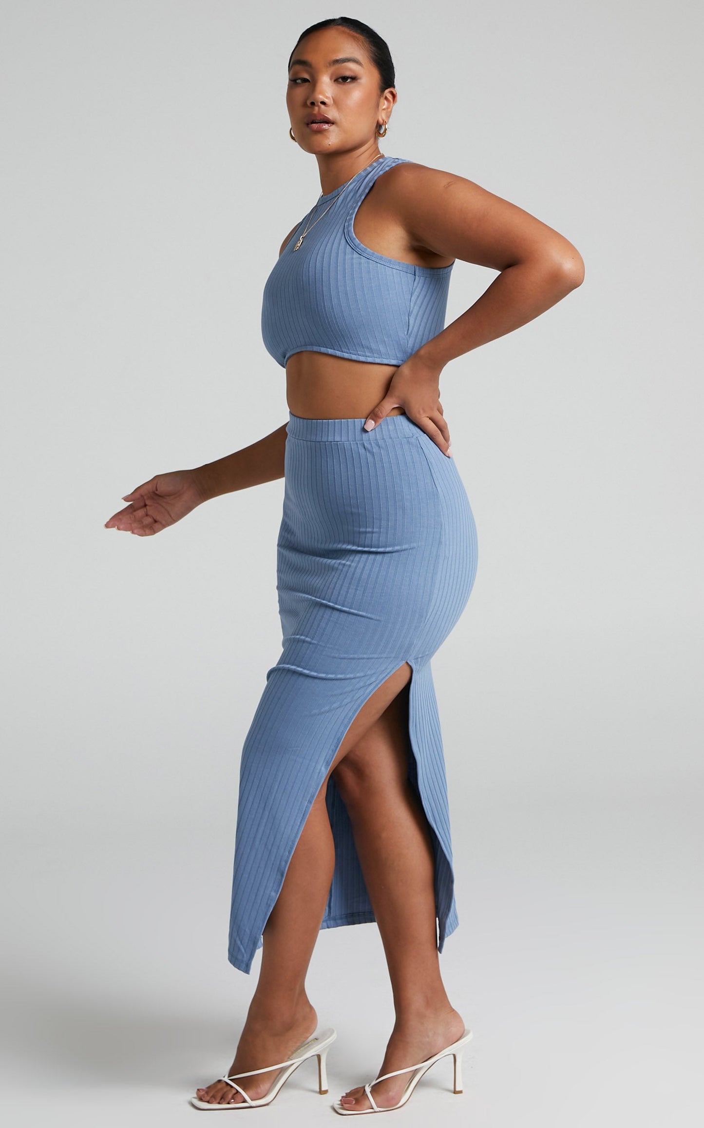 Dayla Ribbed Crop Top and Side Split Midi Skirt Two Piece Set in Steel Blue