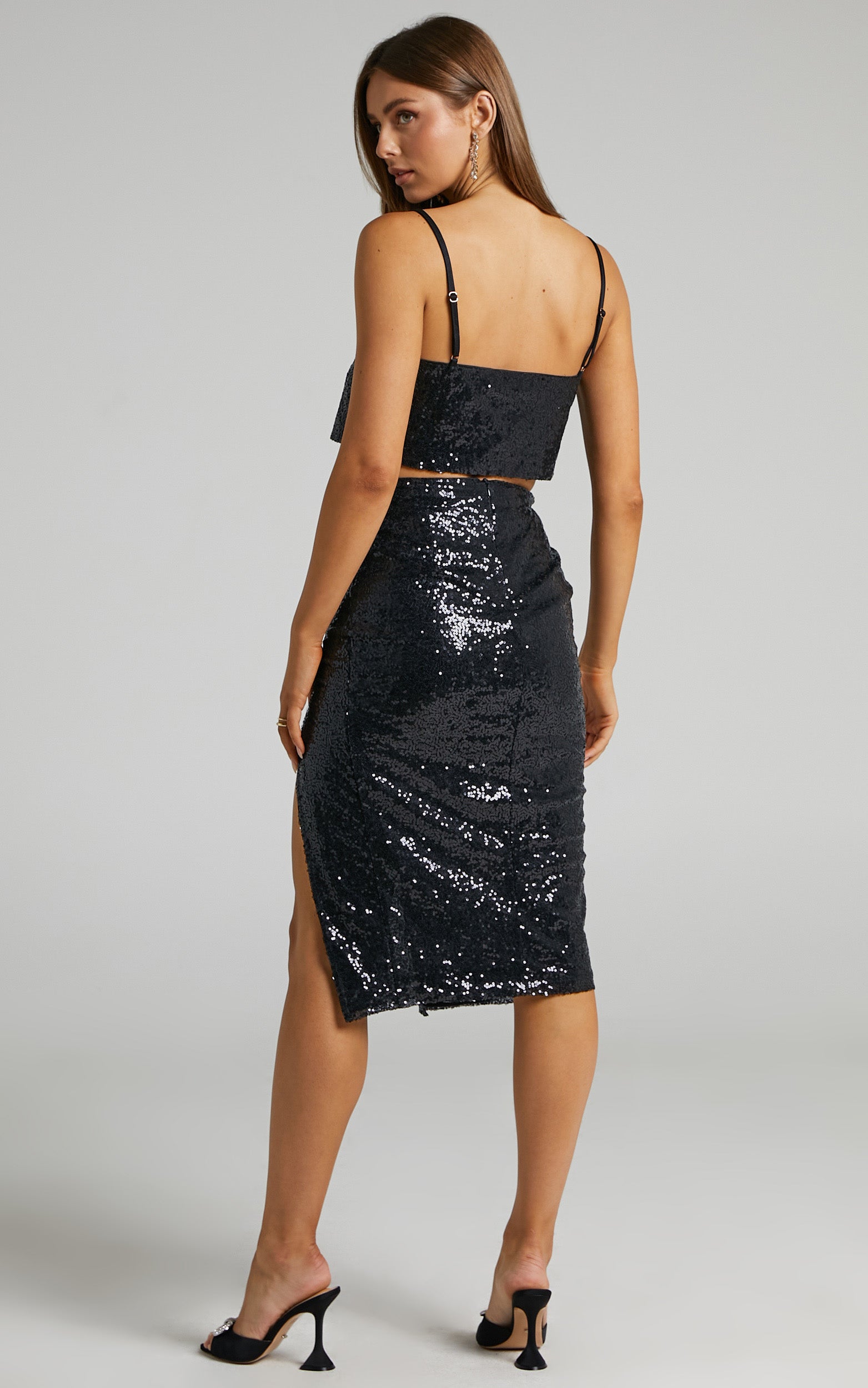 Elswyth Cami Crop Top and Front Split Midi Skirt Sequin Two Piece Set in Matte Black