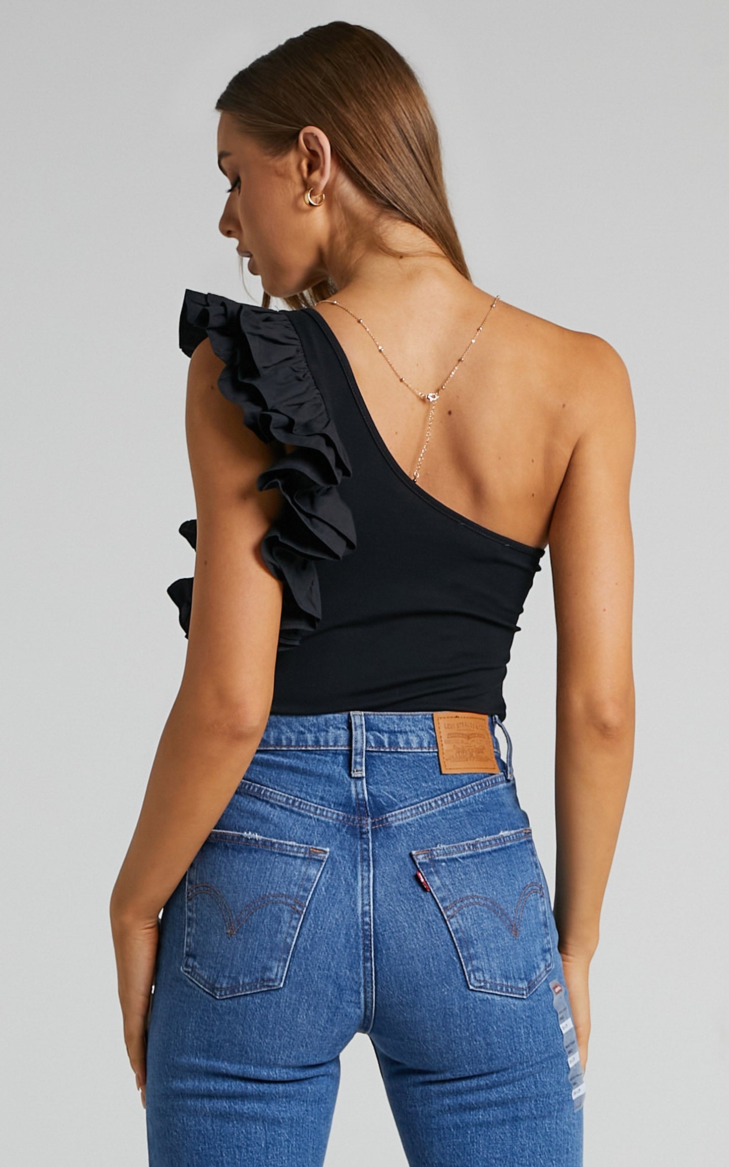 Enna Ruffled Sleeve One Shoulder Bodysuit in Black