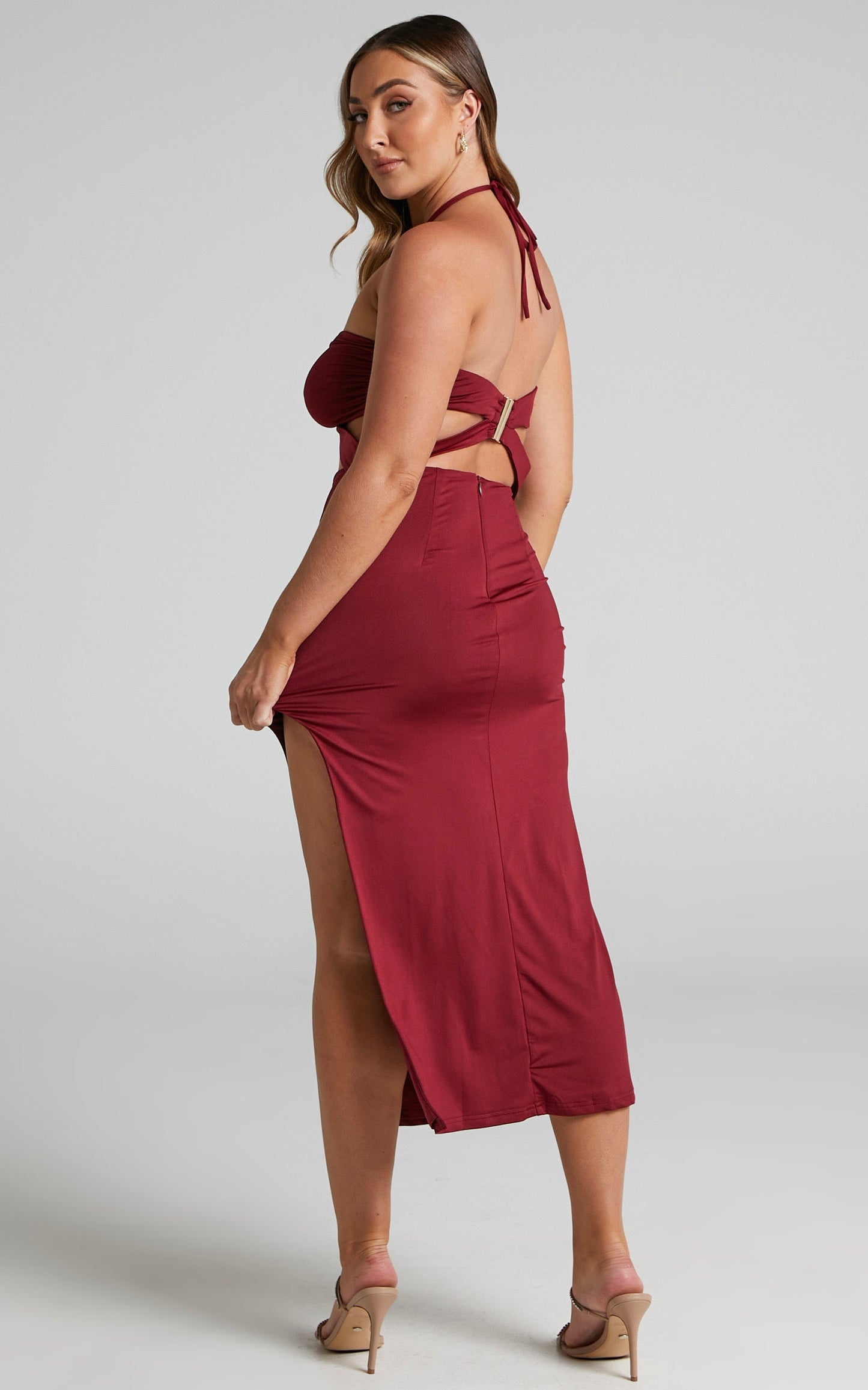 Enrica Halter Cut Out Side Split Midi Dress in Merlot
