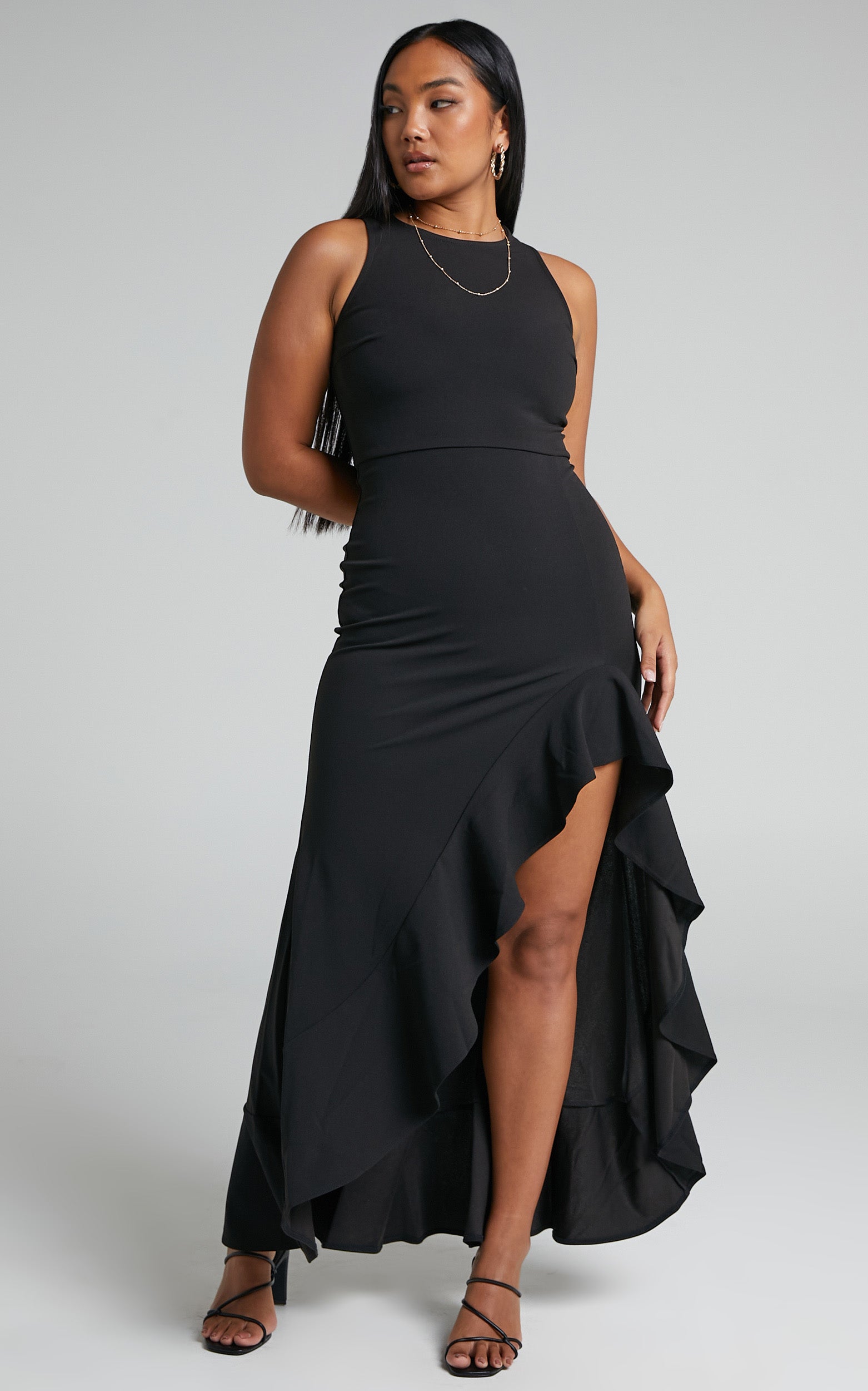 Erytheia Asymmetrical Ruffle Hem Maxi Dress in Black