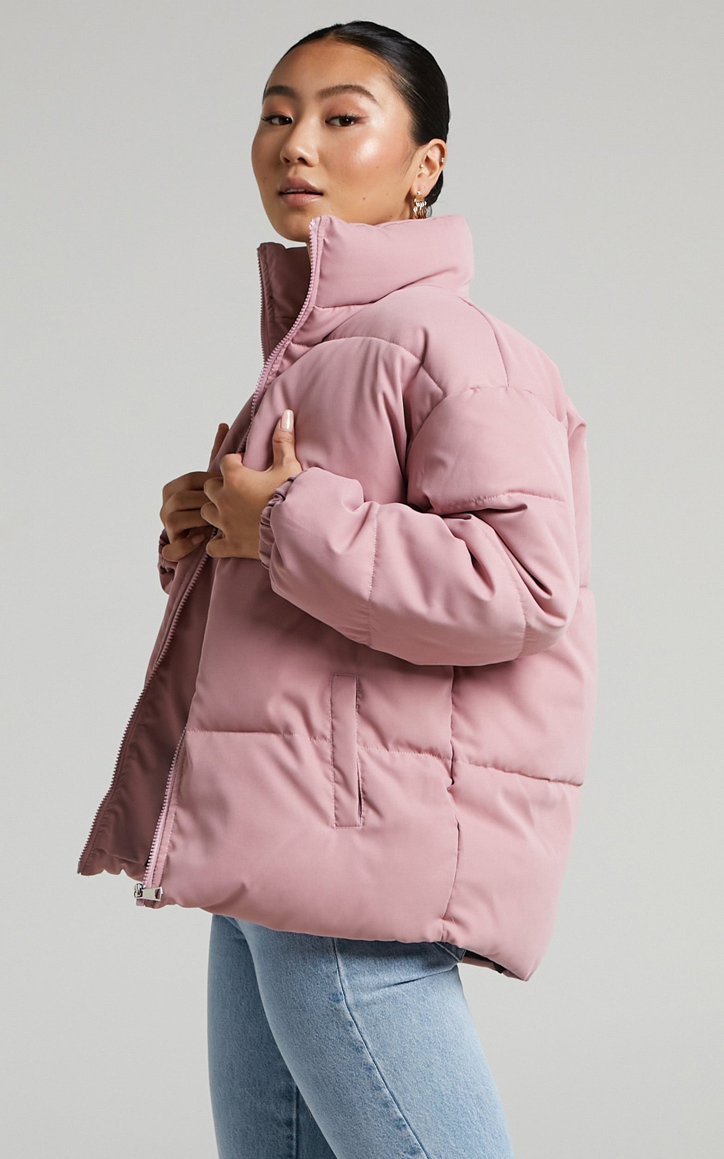 Frankelle Zip Front Quilted Puffer Jacket in Peach