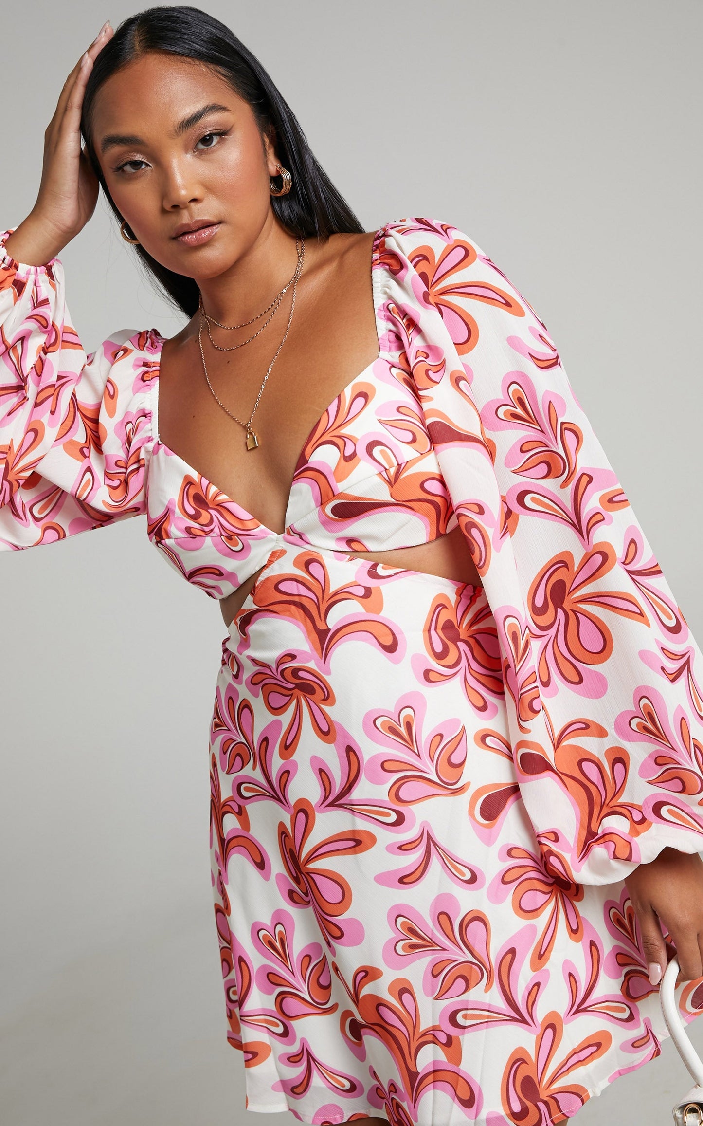 Frederica Tie Back Long Sleeve Mini Dress in Pink Swirl