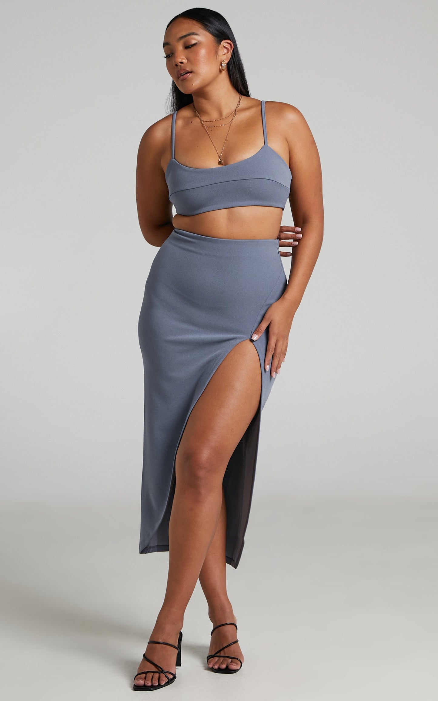 Grayson Crop Top and Split Front Midi Skirt Two Piece Set in Steel Blue