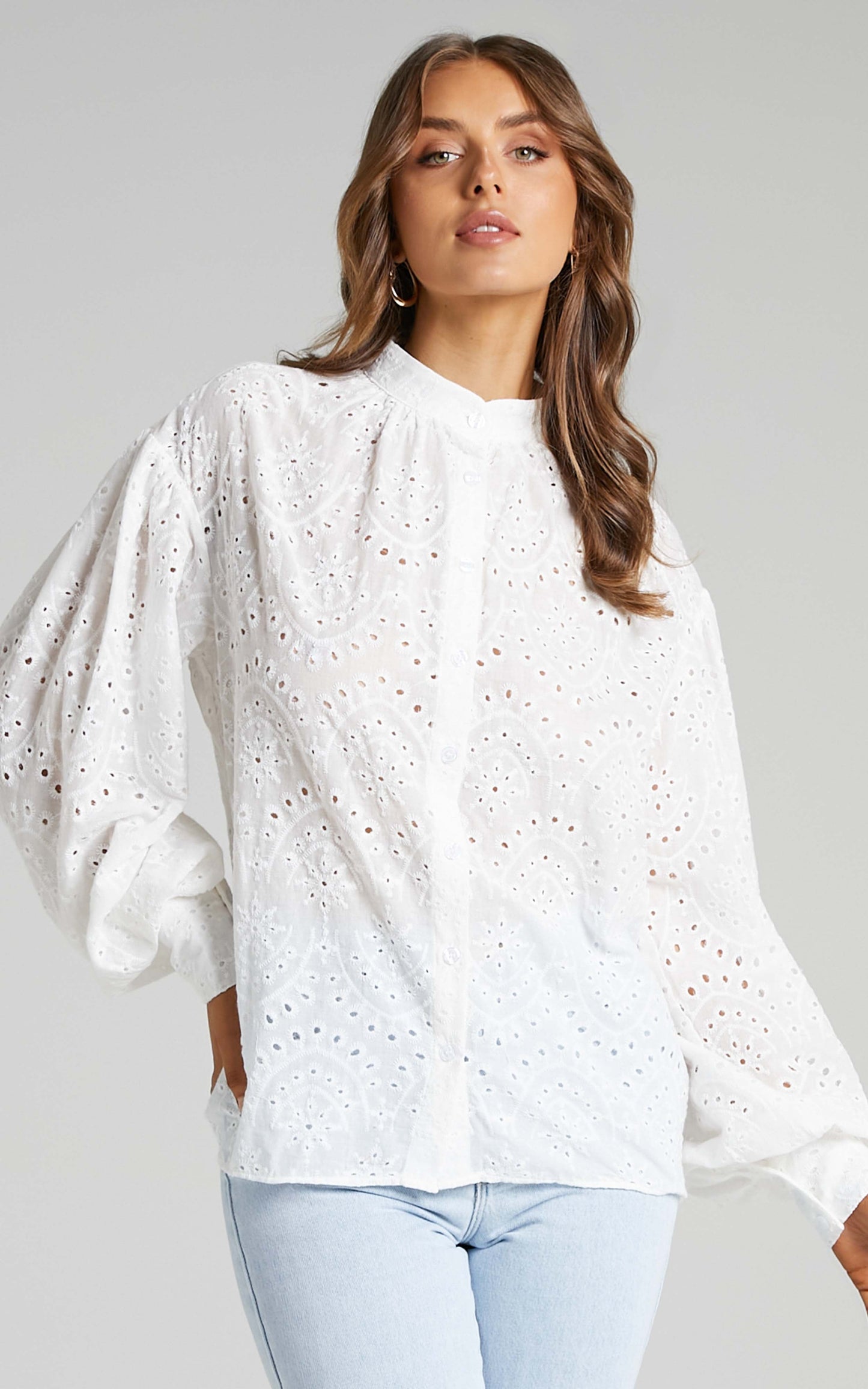 Helda Embroidered Balloon Sleeve Shirt in White