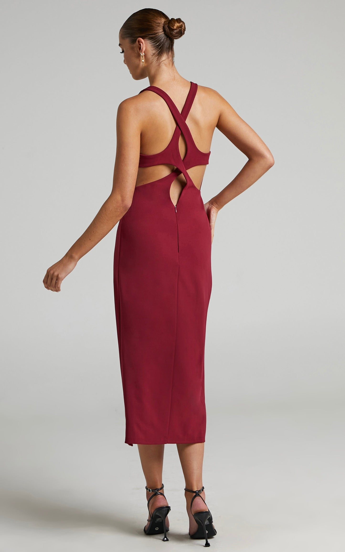 Iryna Cross Back Cut Out High Slit Midi Dress in Merlot