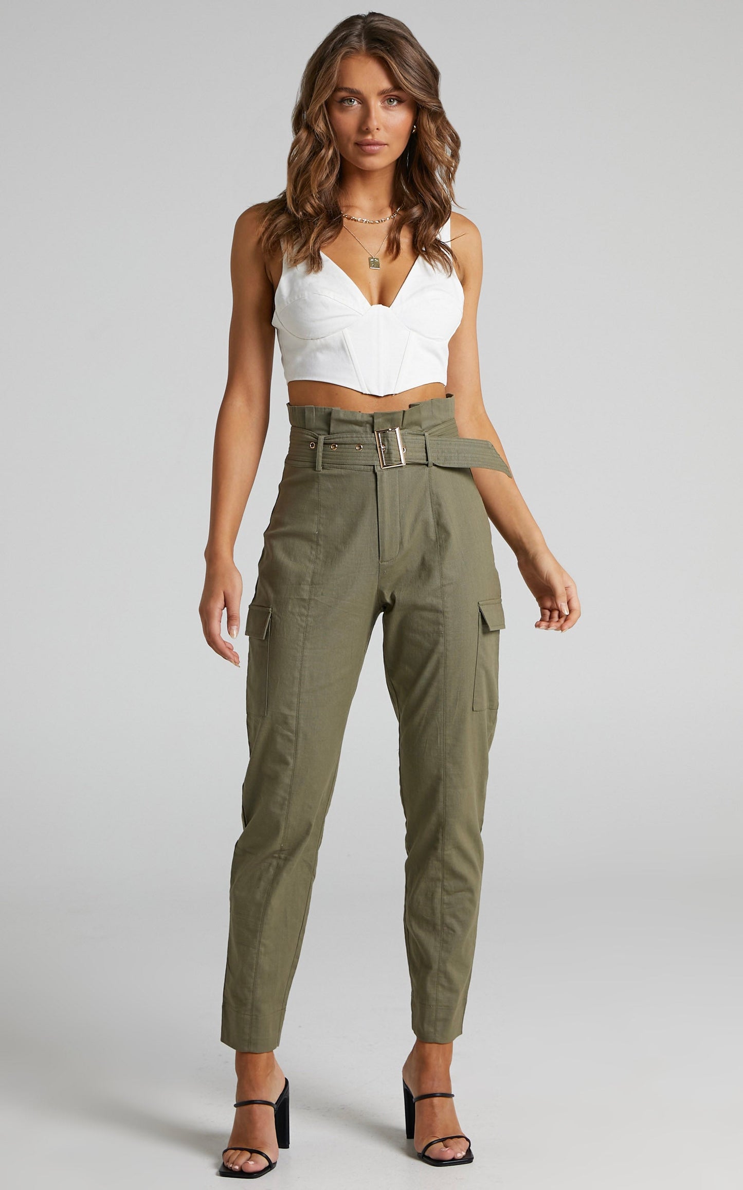 Kaori Belted Paper Bag Waist Utility Pants in Khaki